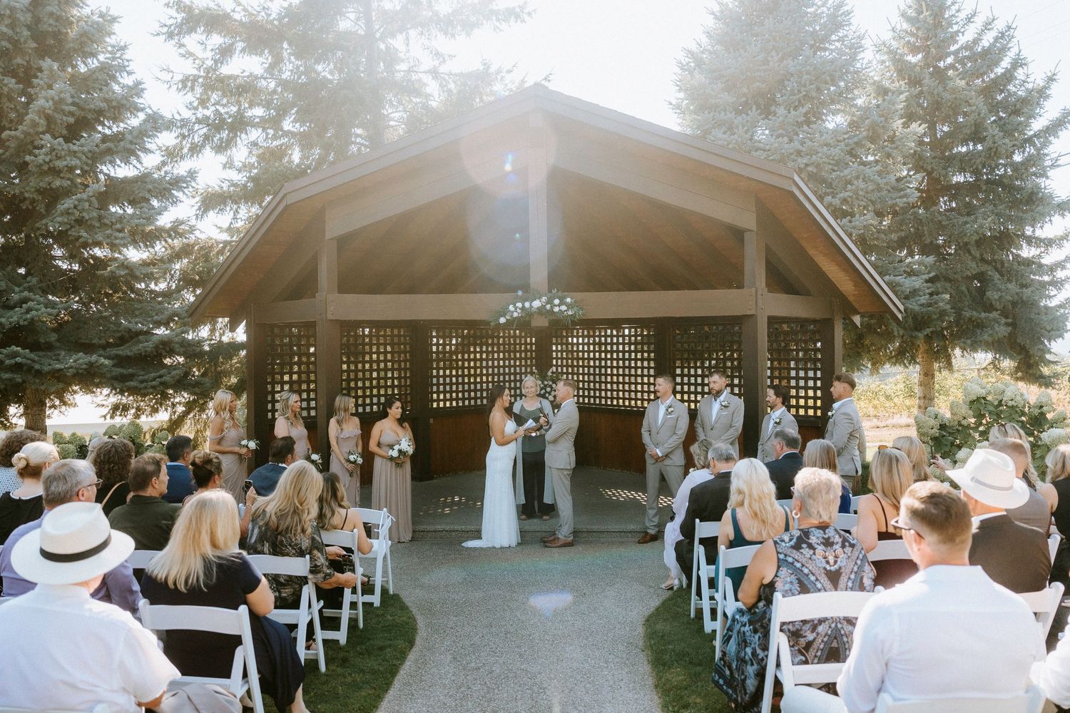 Outdoor wedding ceremony setup with guests seated under evergreen trees.