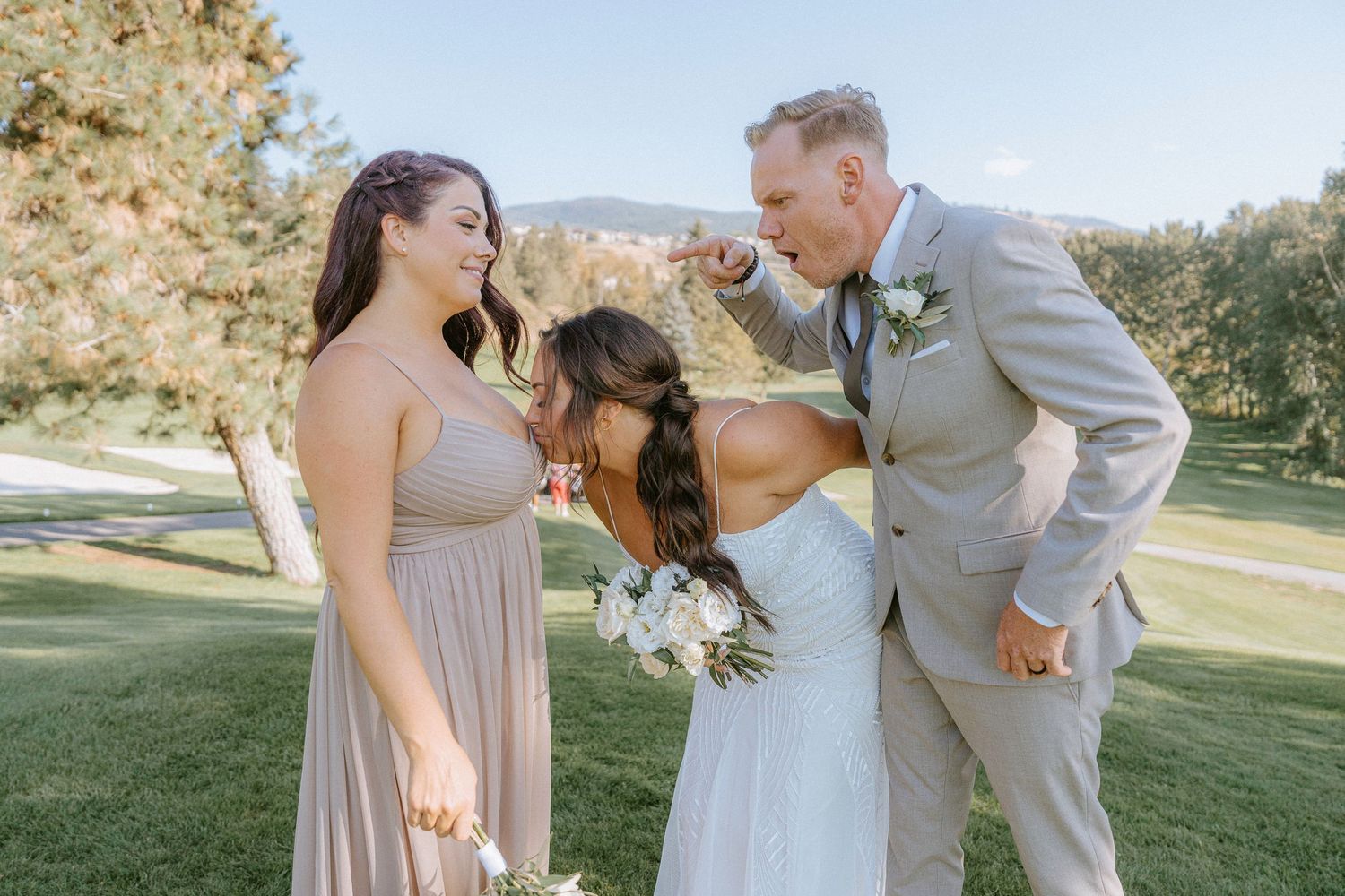 Candid wedding party moments captured outdoors on a sunny day.