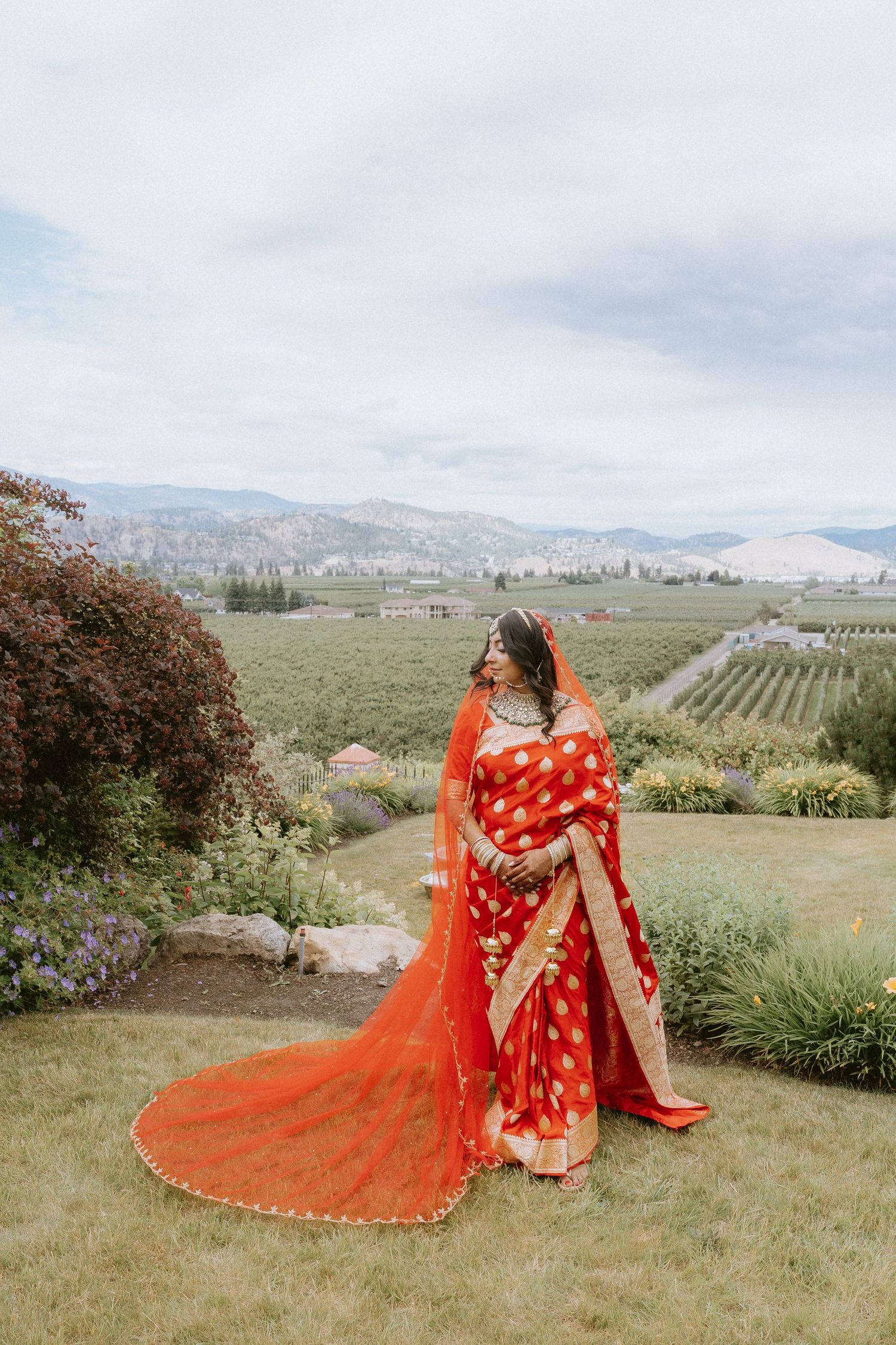Person in red bridal sari photographed against scenic vineyard and mountain landscape.