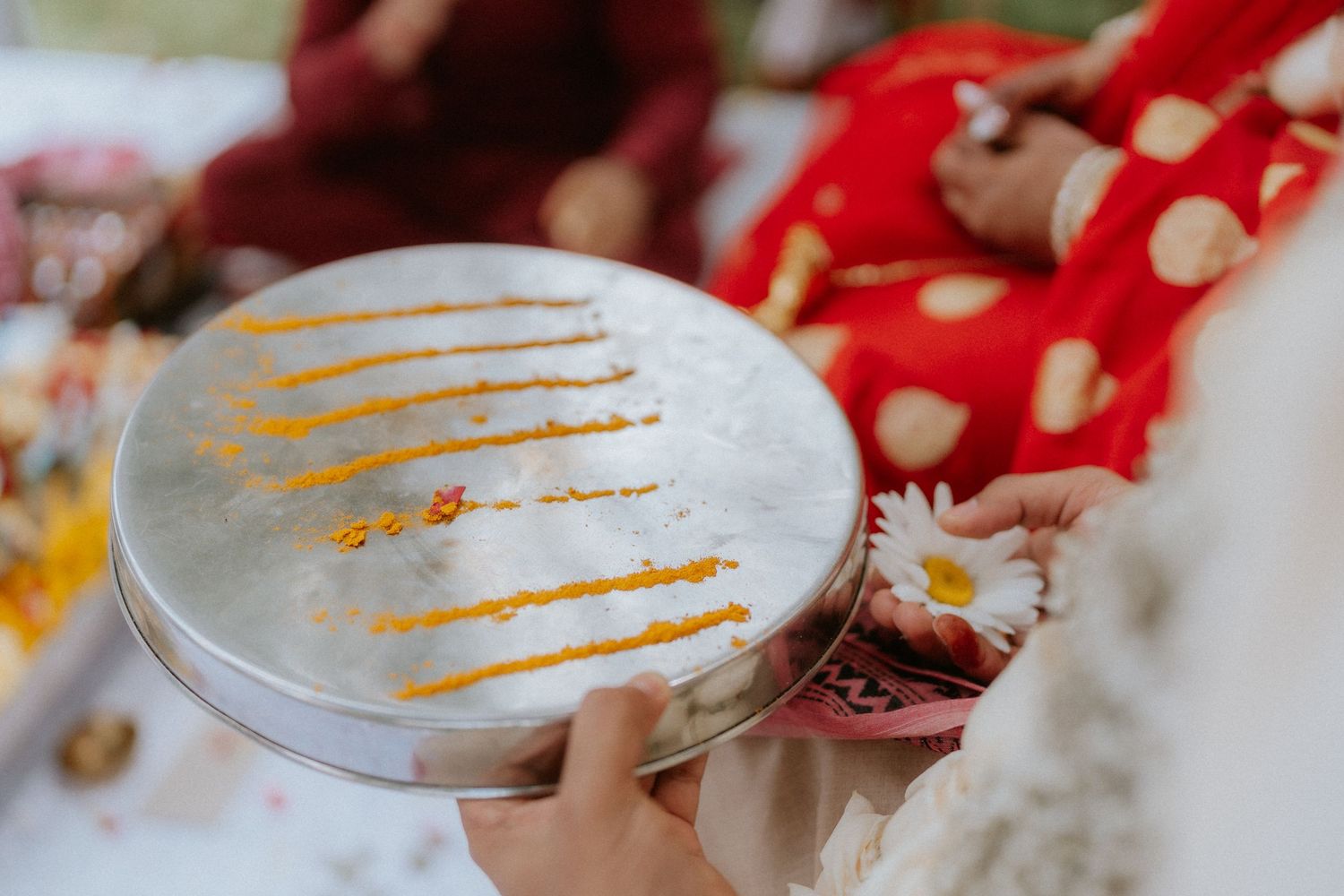 Empty plates with golden residue arranged on a white surface.