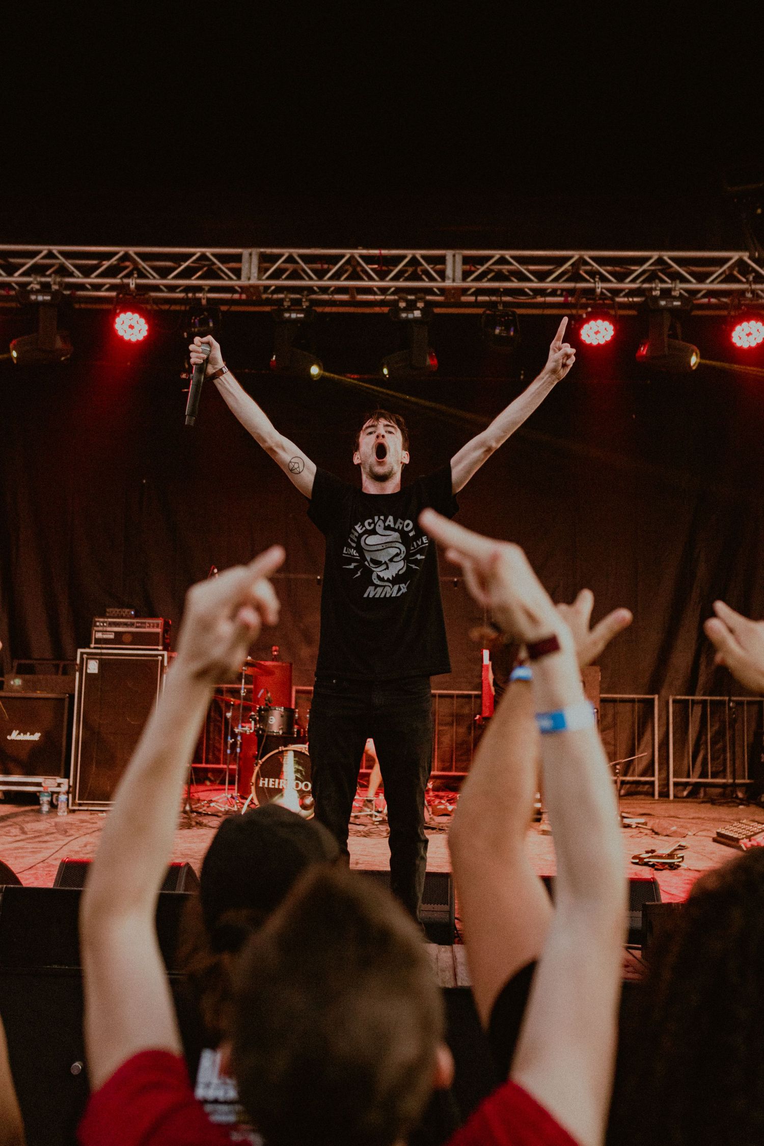 Concert performer with raised arms as crowd cheers under red stage lighting.