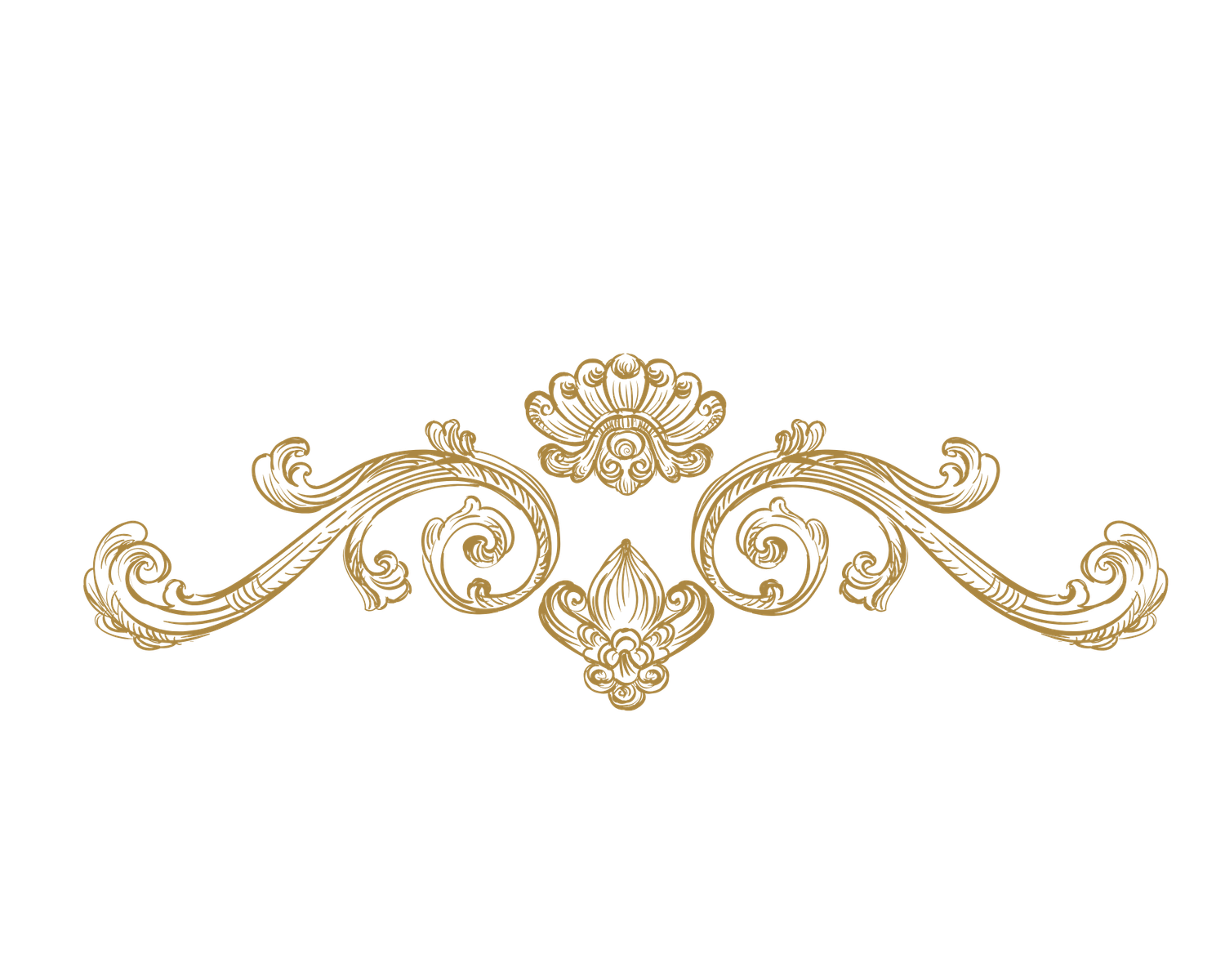 Gold ornate baroque scroll filigree design with floral motifs, elegant decorative divider element on white background.