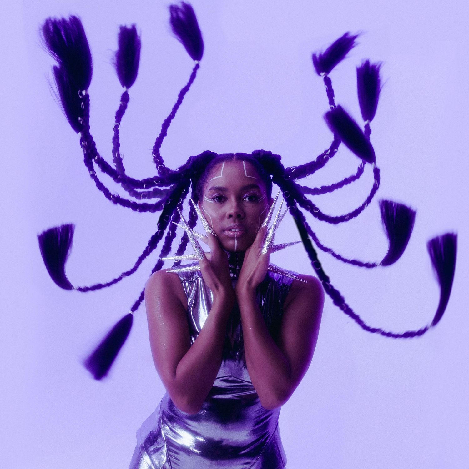 Abstract purple and black artistic portrait series with dramatic lighting effects.