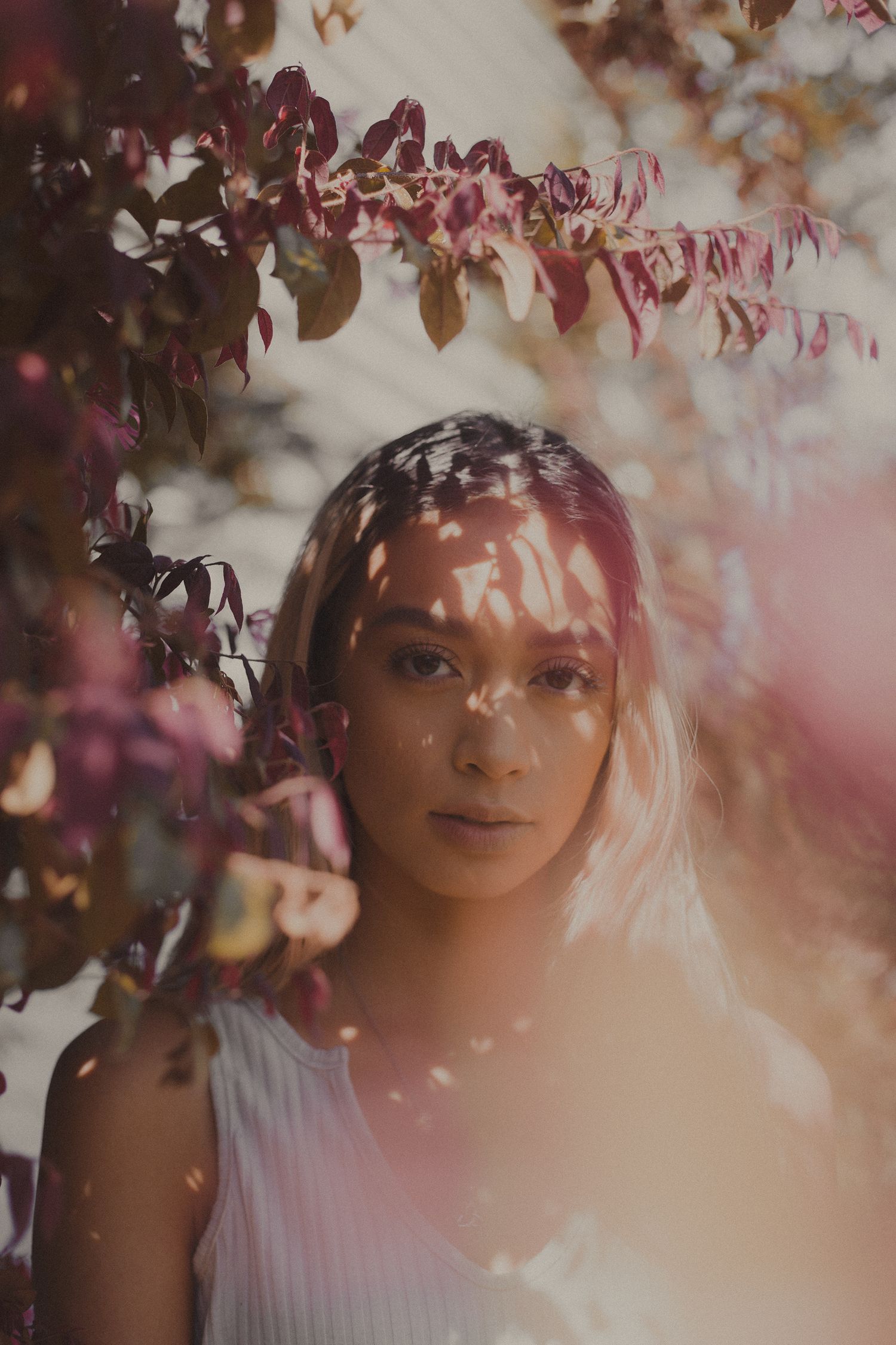 Dreamy spring portrait with pink cherry blossoms creating a natural frame and soft bokeh effect.