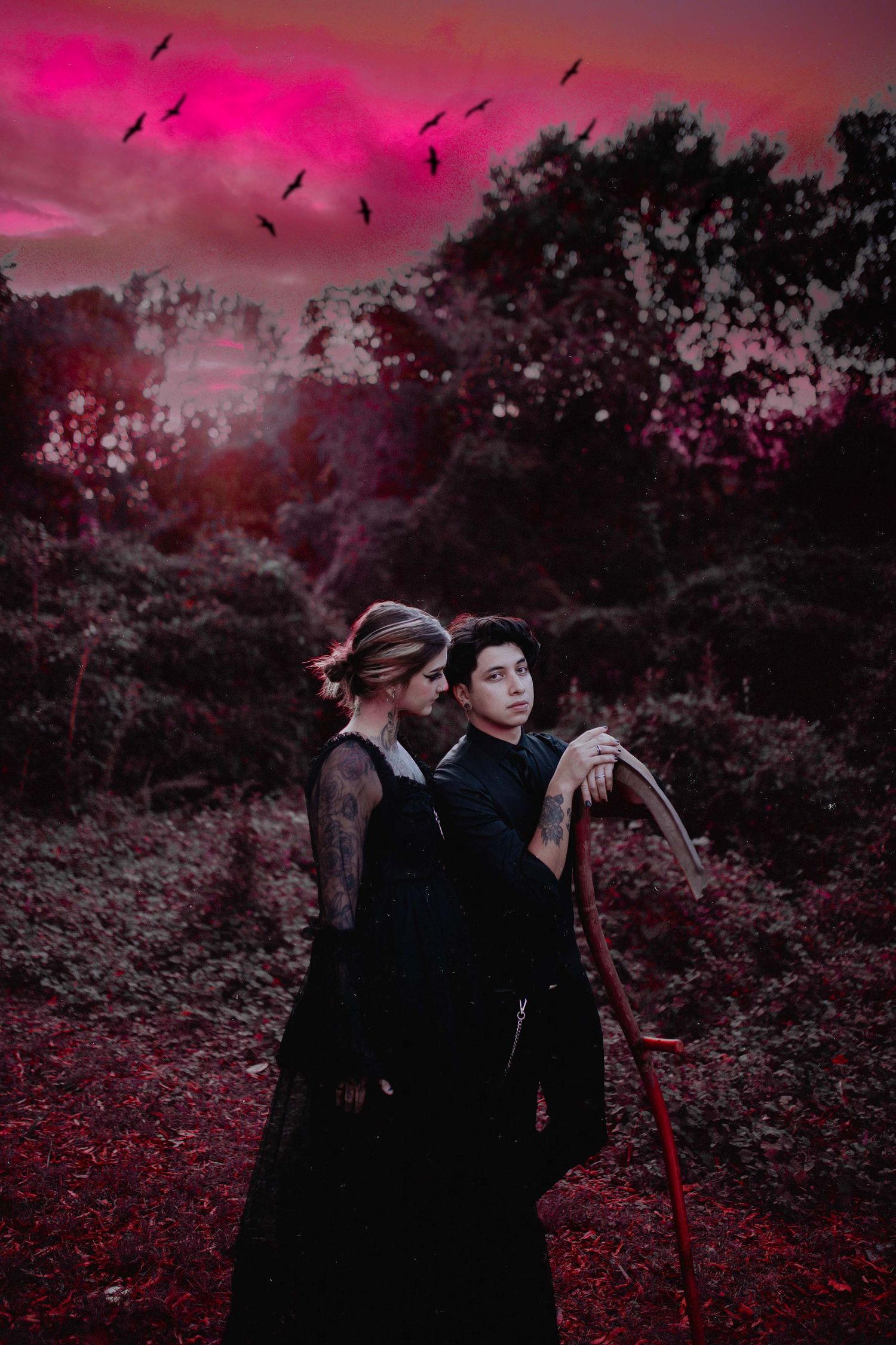 Dark silhouettes against vibrant pink sunset sky with flying birds.