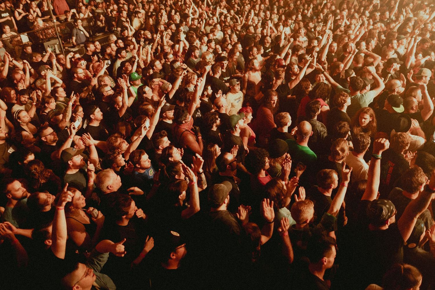 Large concert crowd with raised hands illuminated in warm lighting.