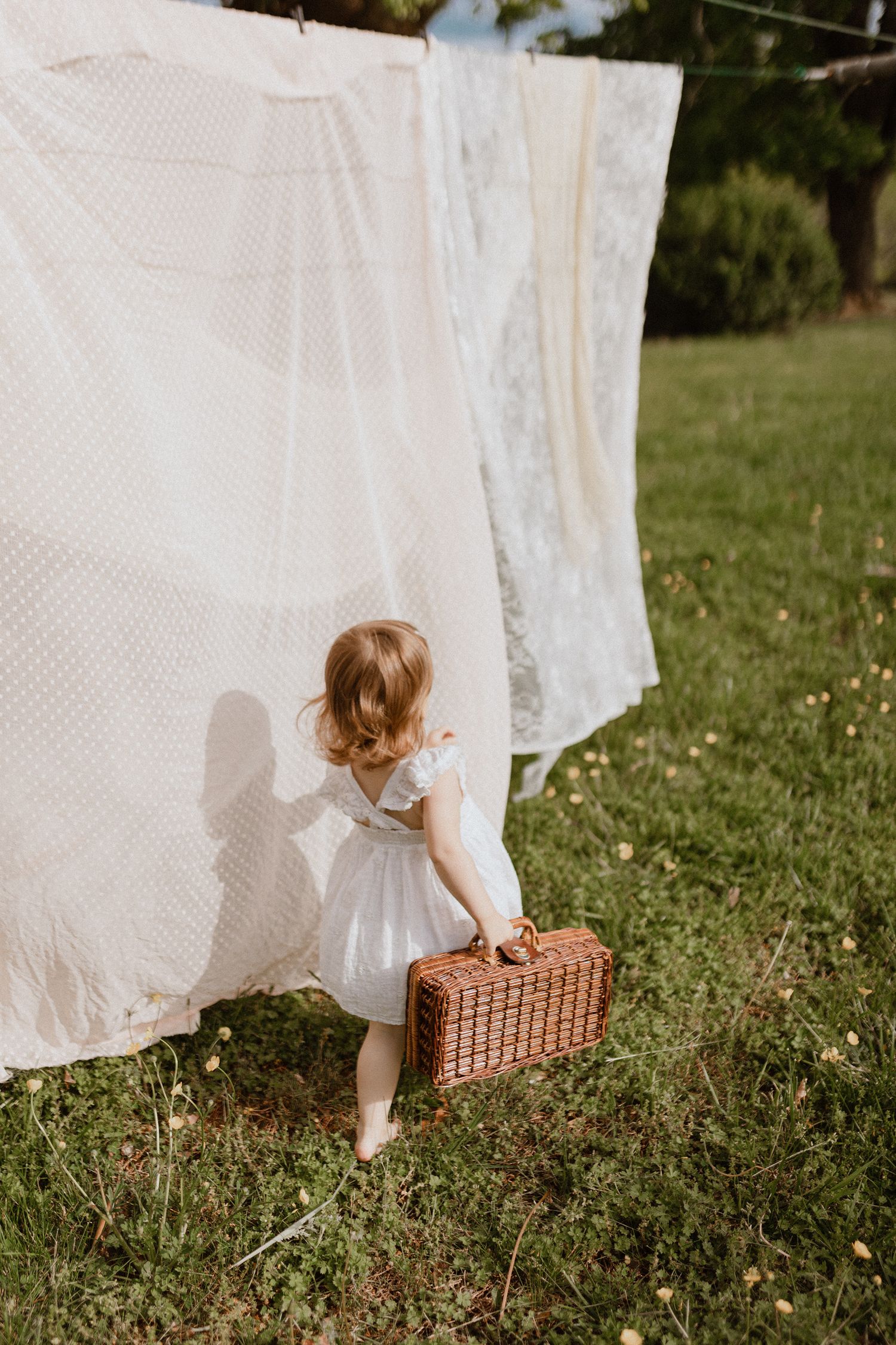Child playing near white hanging laundry sheets with a wicker basket in a sunny garden.