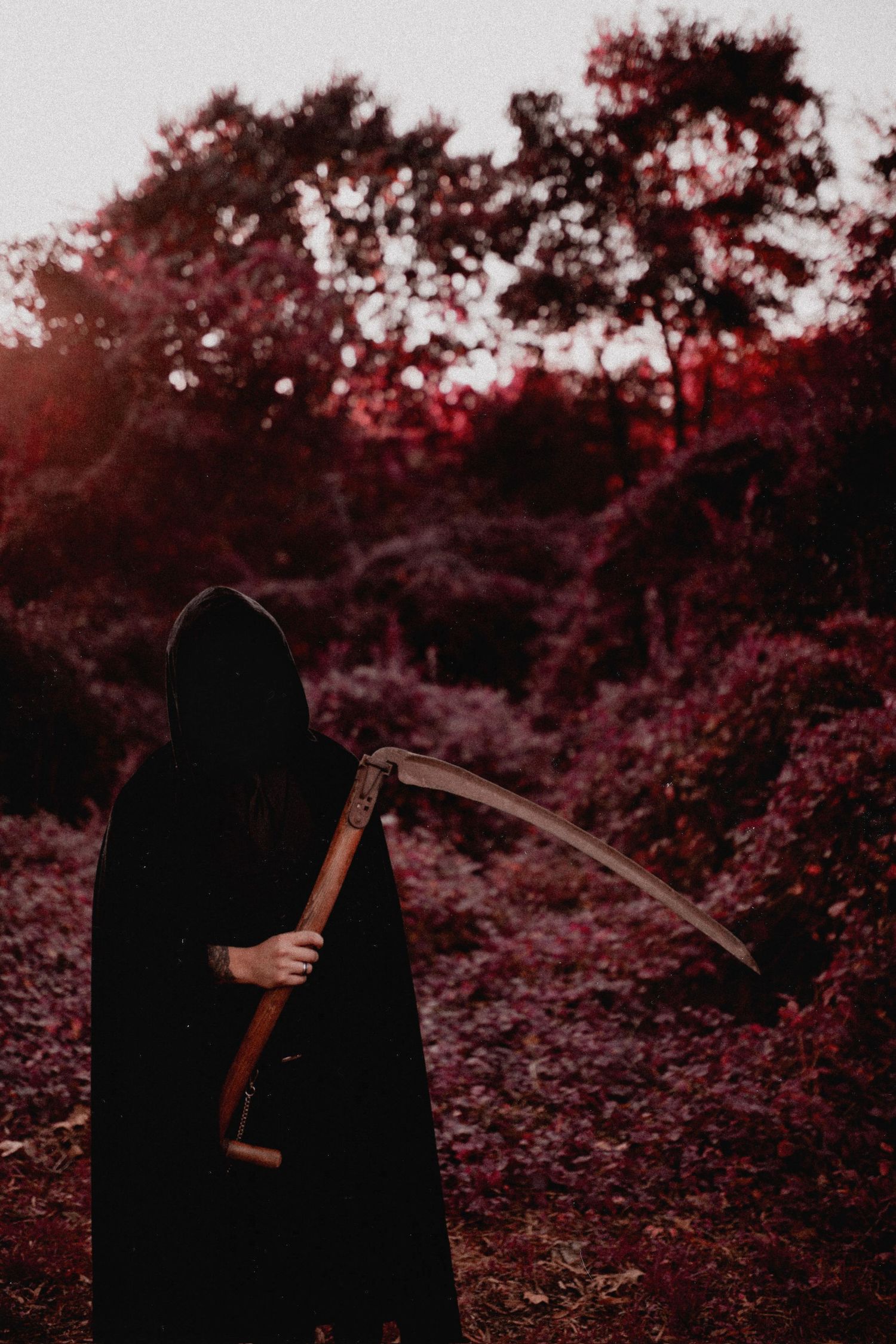 Dark figures in black clothing hold scythes against autumn foliage.