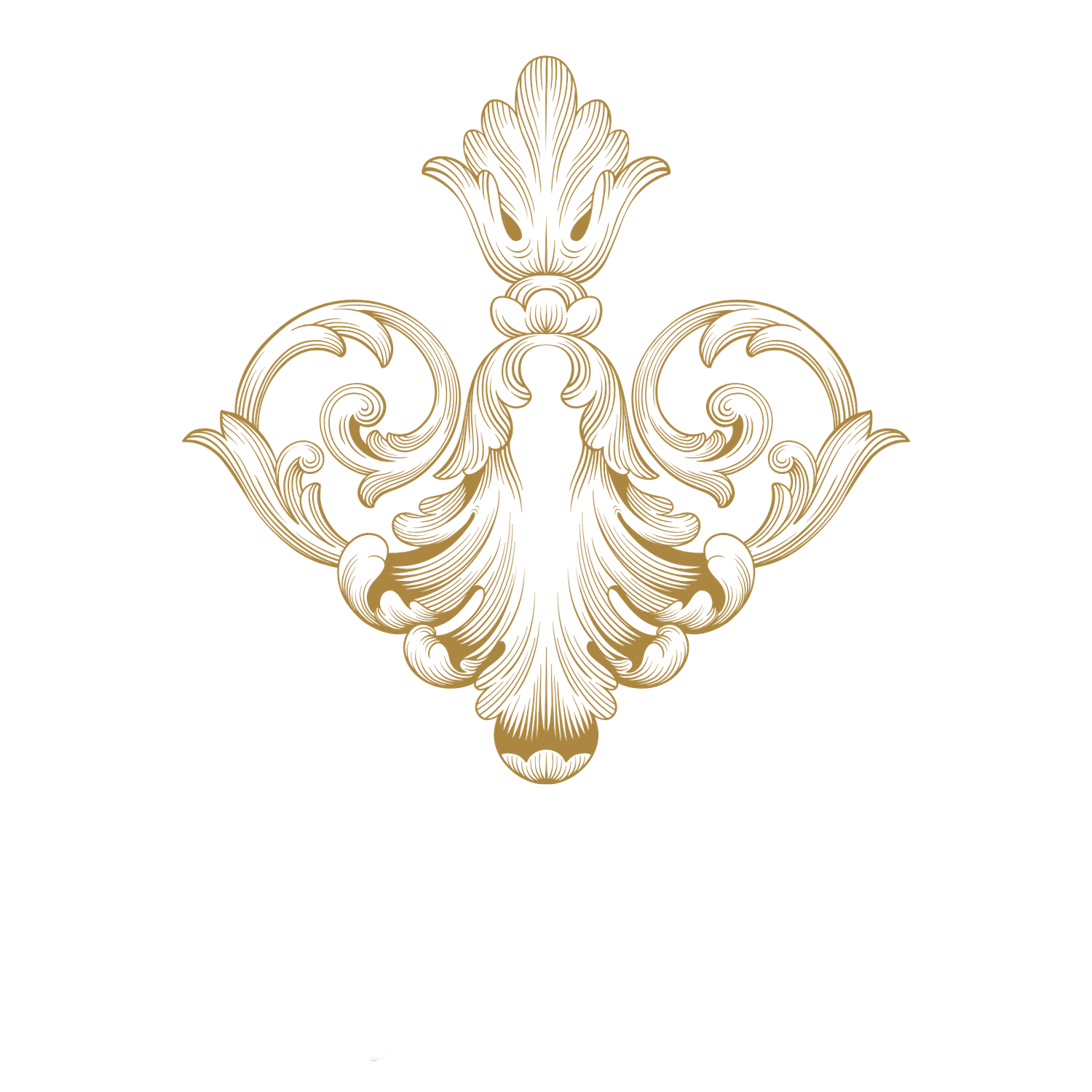 Ornate golden baroque floral scroll motif with intricate acanthus leaves and symmetrical decorative flourishes on white background.