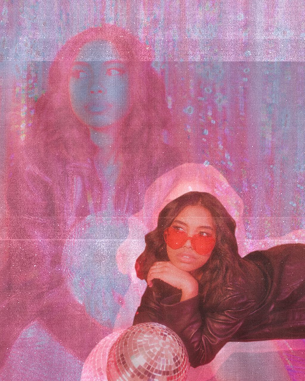 Artistic portrait with pink and blue double exposure effects against textured background.