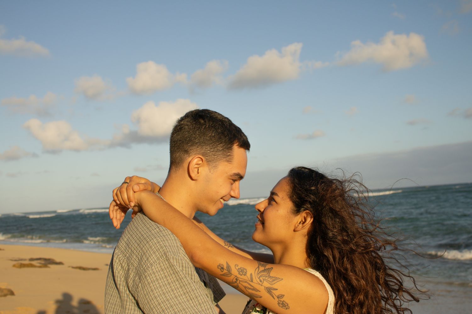 Couple sharing a romantic moment during engagement session