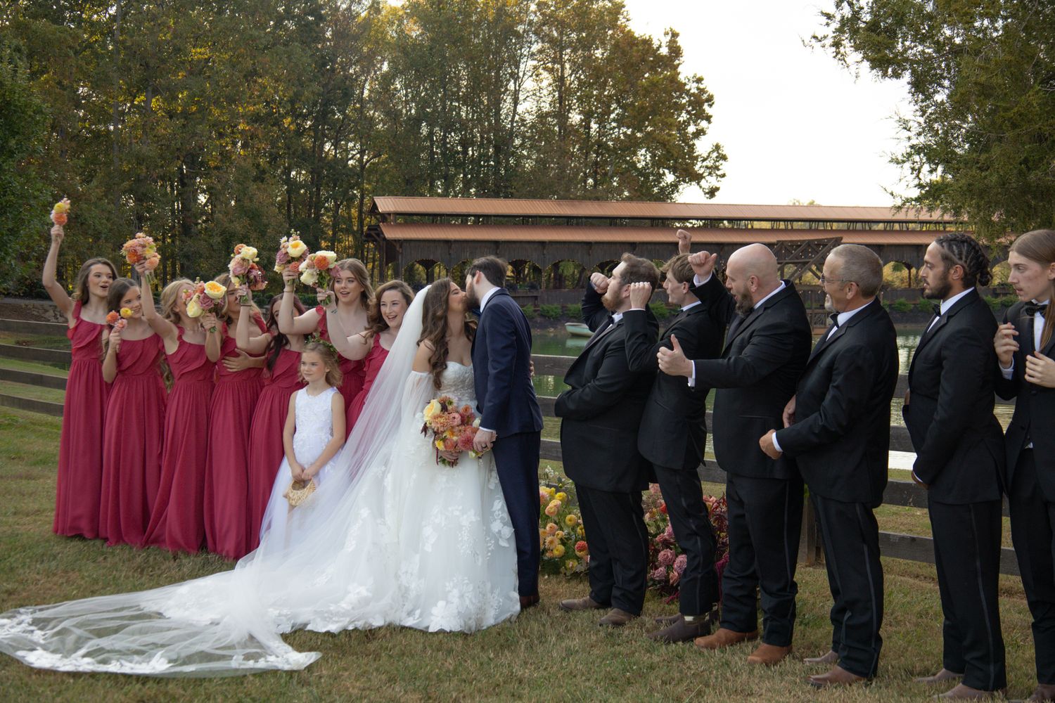 Joyful wedding party celebrating together
