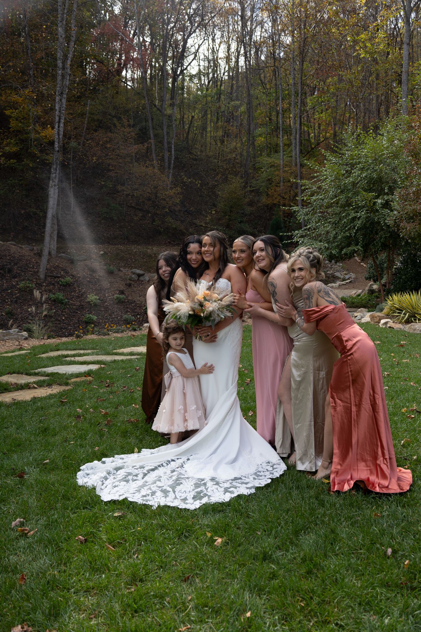Joyful wedding party celebrating together