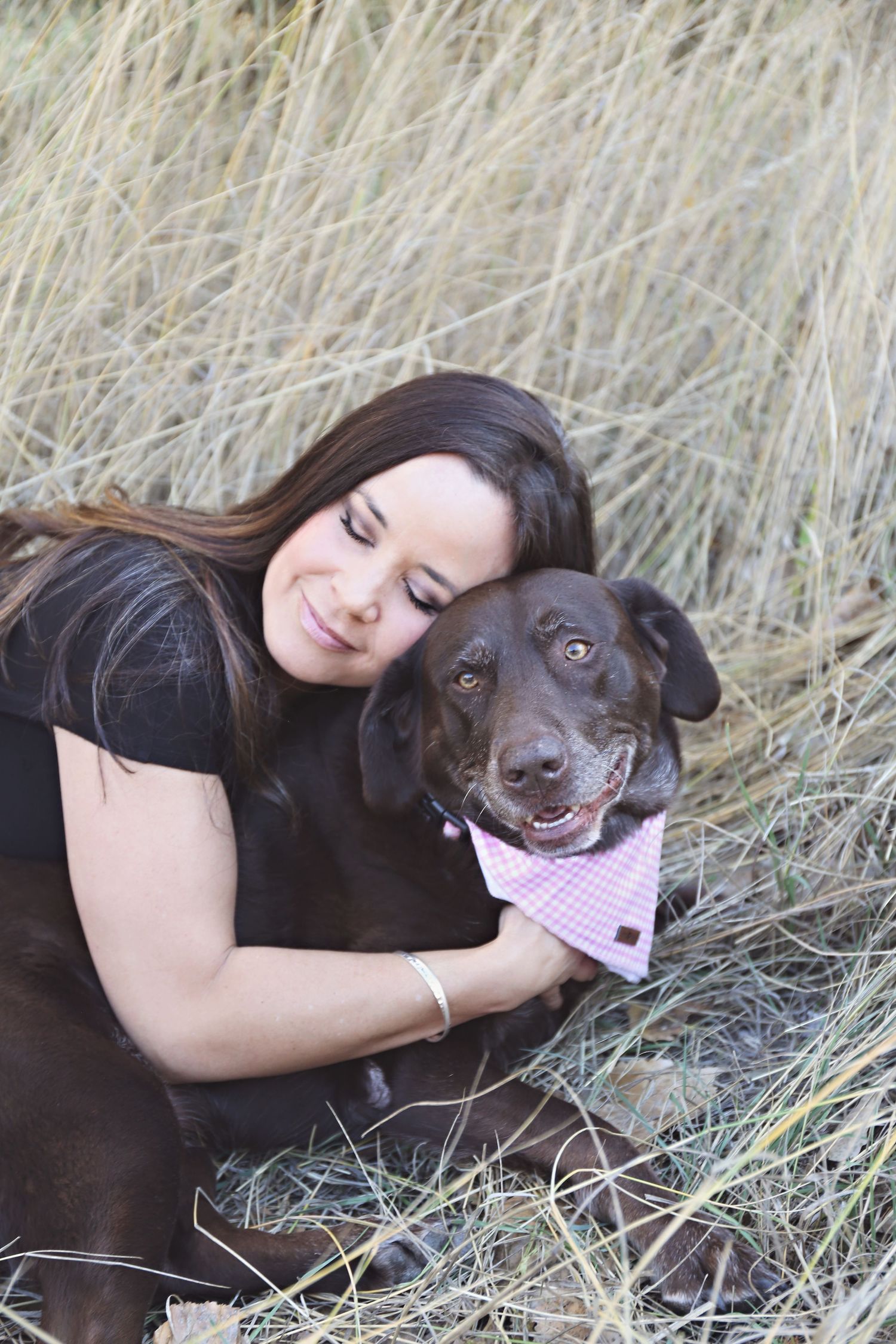 Chocolate lab with pink bandana cuddles in tall grass field.