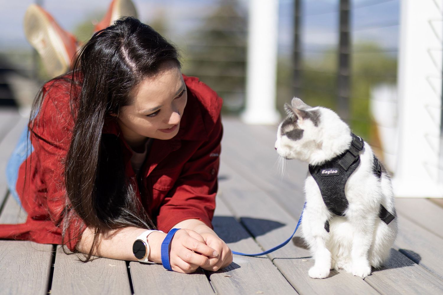 Woman in red jacket lying on deck, smiling at white cat on blue leash wearing a harness.