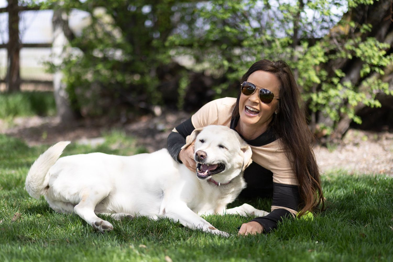 Smiling woman in sunglasses cuddling with a white Labrador dog on green park grass.