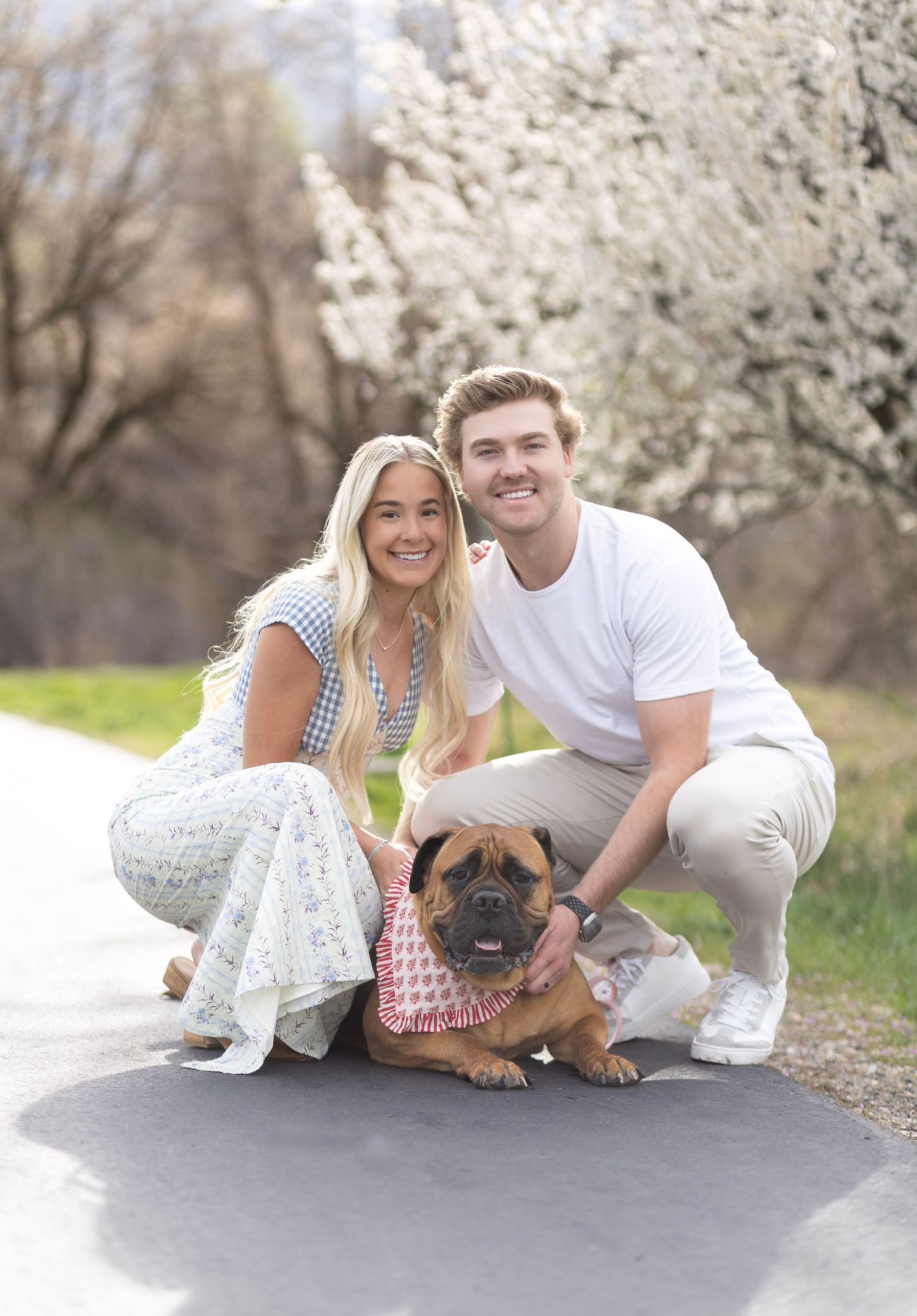 A smiling couple crouches on a path with their bulldog wearing a bandana, surrounded by blooming white trees in spring.