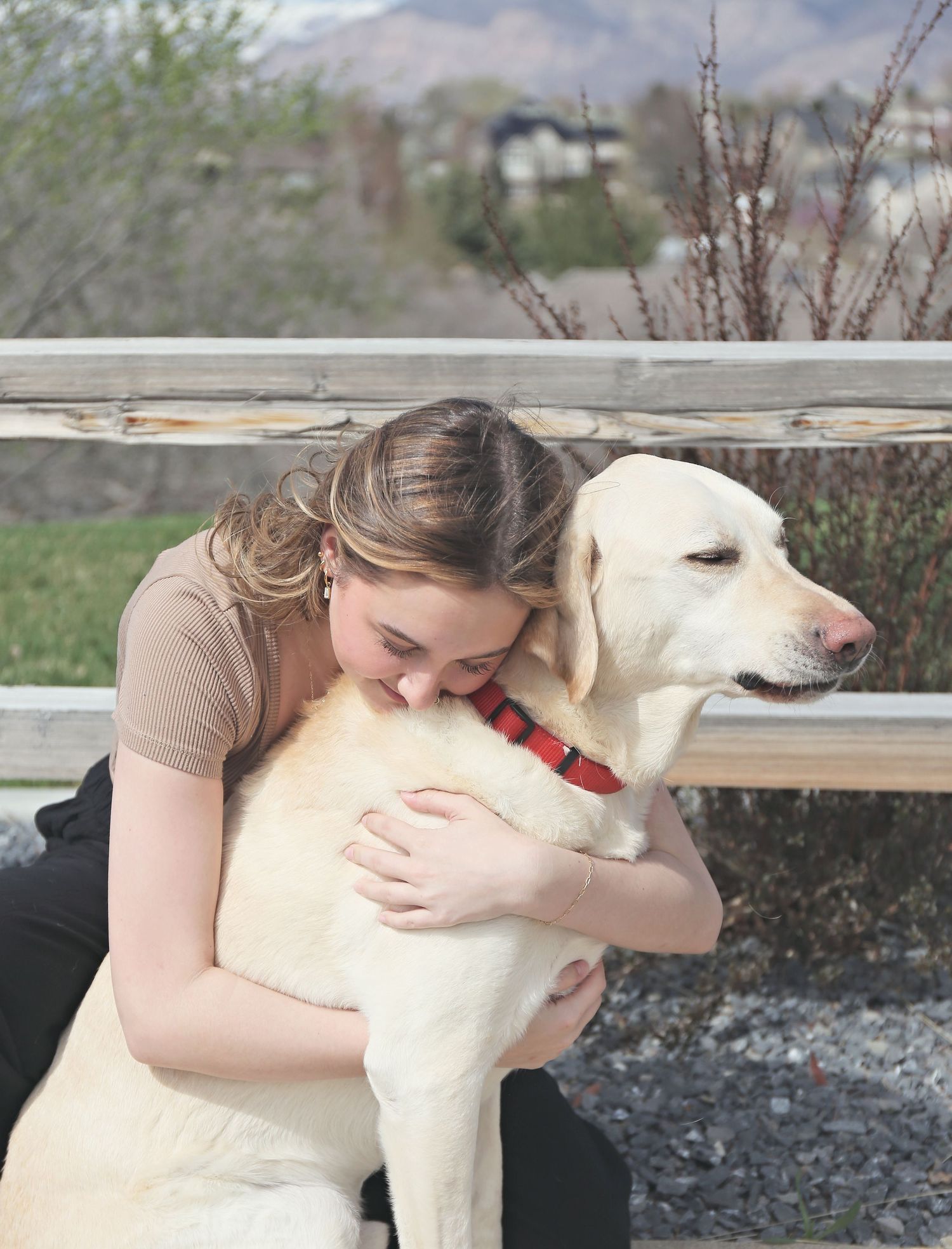 A white Labrador dog receives affectionate hugs and kisses while sitting outdoors with mountains in the background.