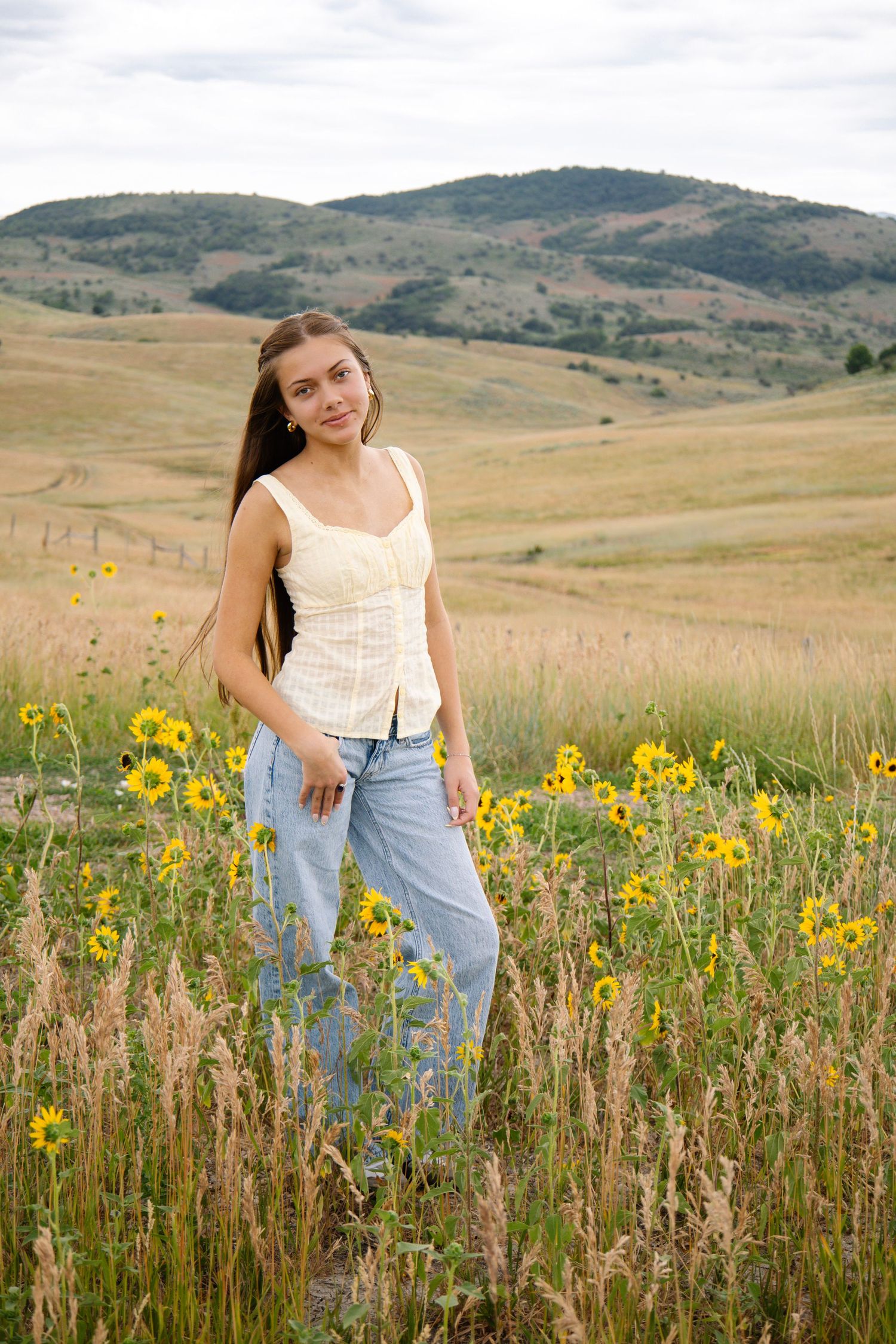 Yellow wildflowers bloom in a mountain meadow with rolling hills in the background.