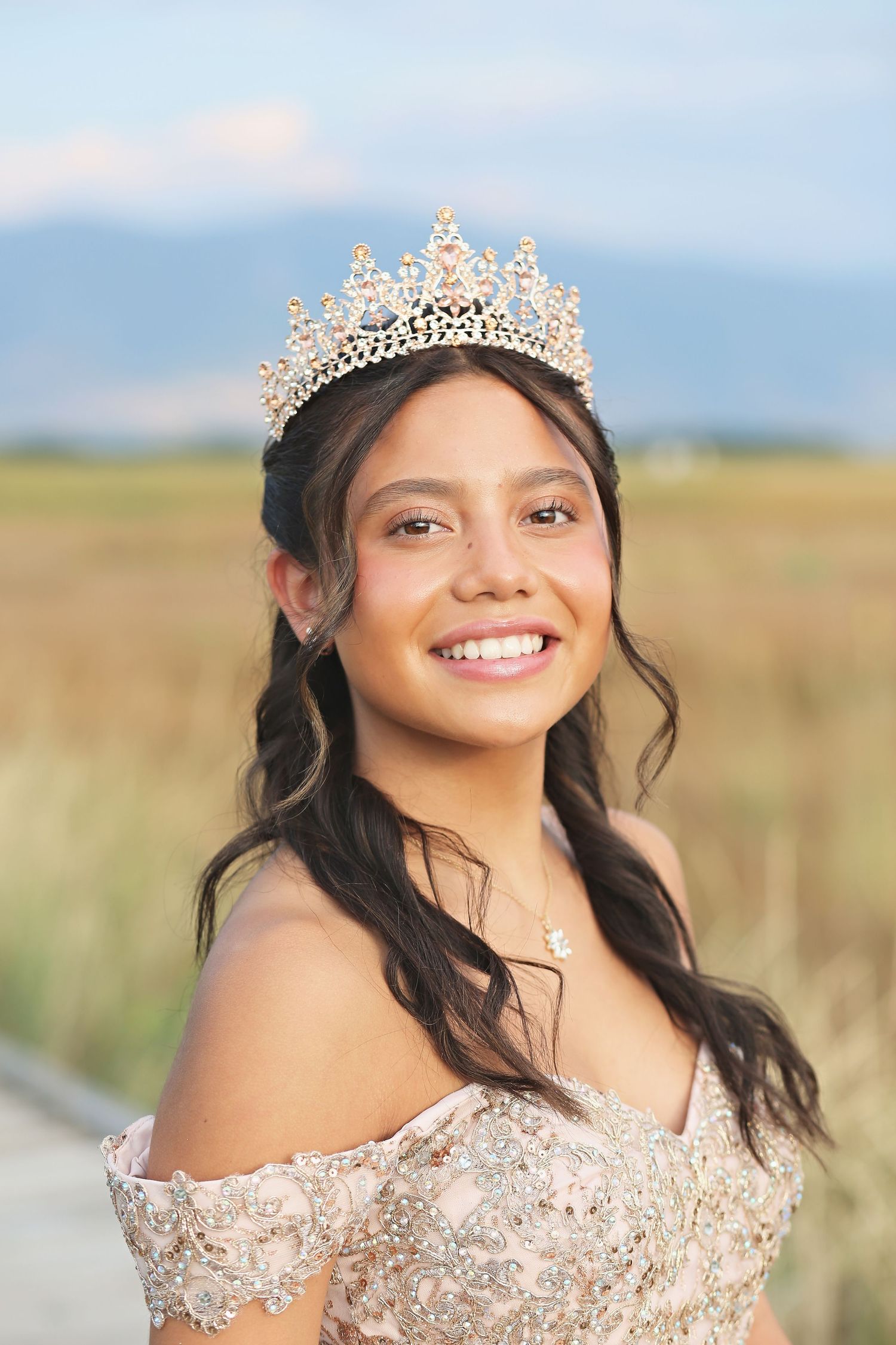 Ornate pink quinceañera dress with crown photographed in natural outdoor setting with tall grass.
