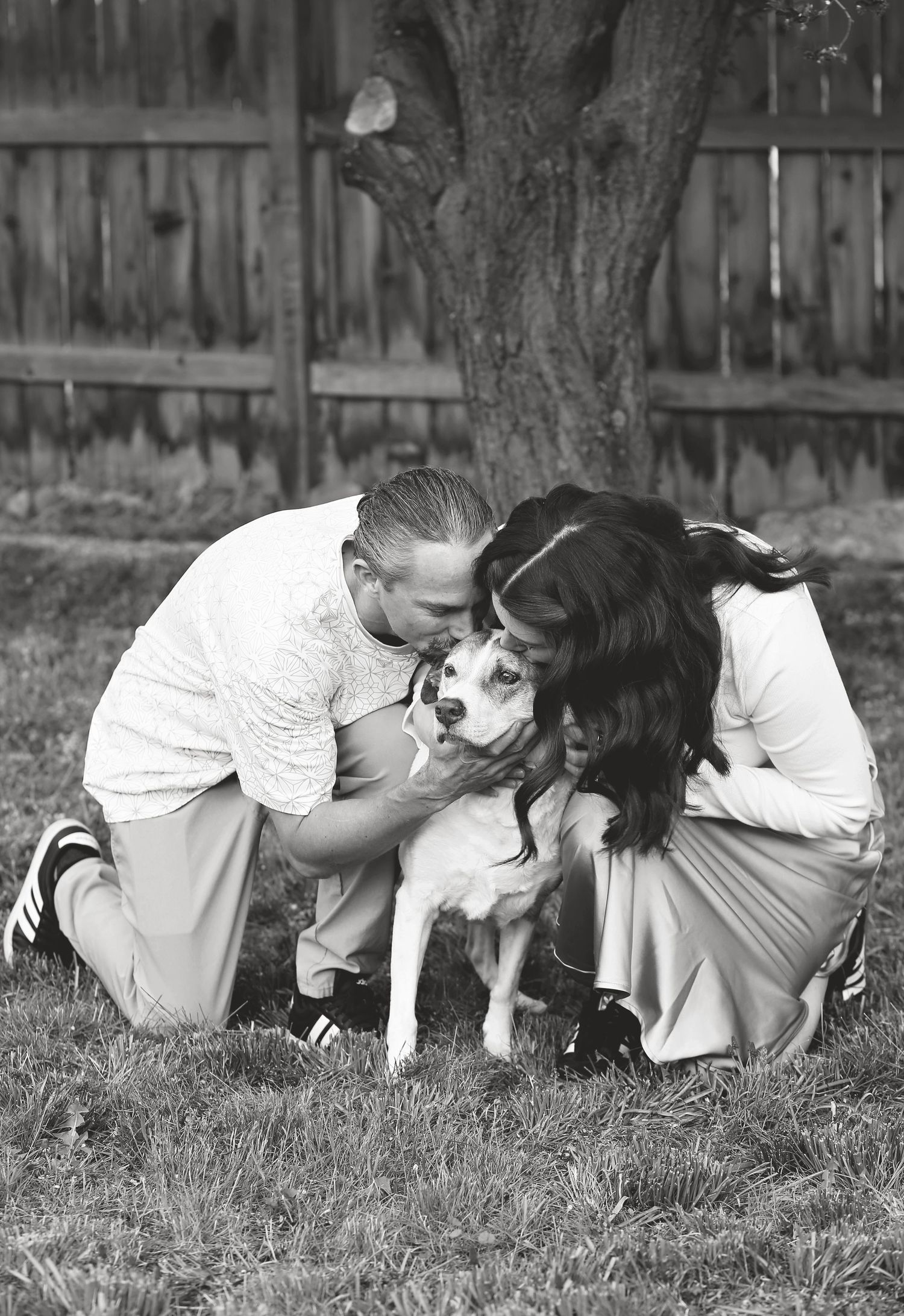 A black and white photo shows tender moments between a dog and its companions on grass.