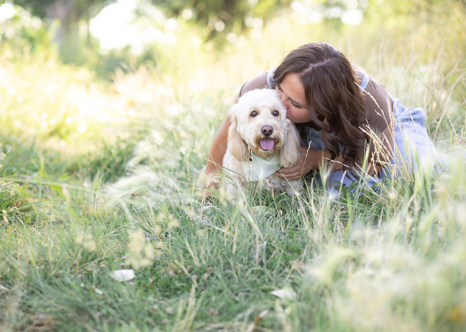 A white fluffy dog and companion share an affectionate moment in a sunlit grassy field.