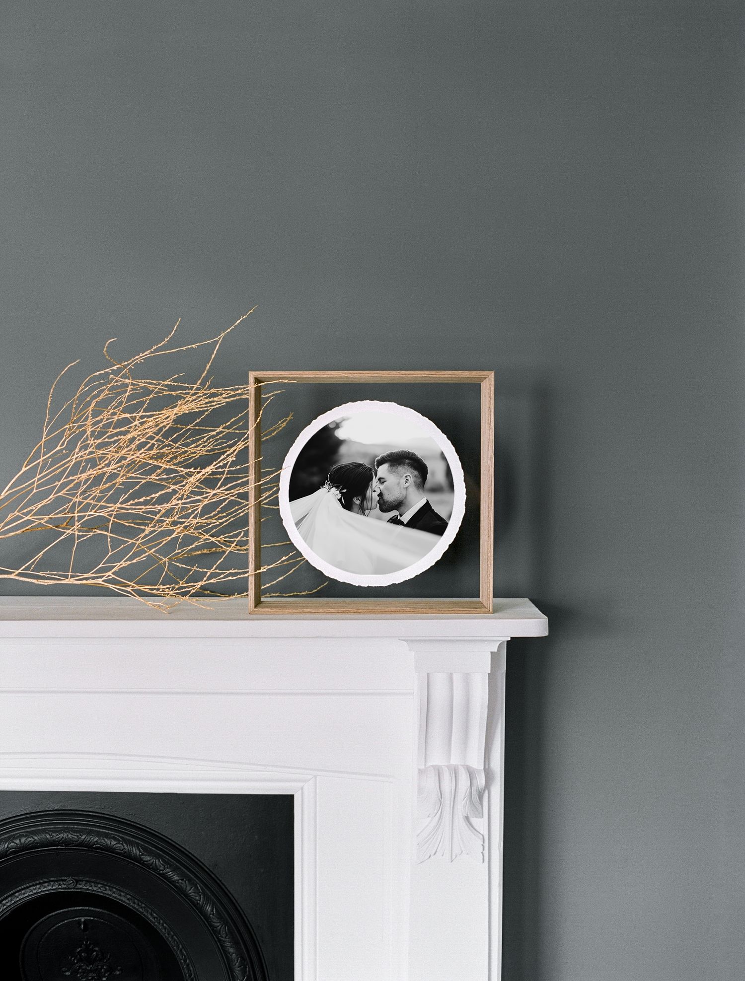 Framed floating fine art print on a mantel by August and Vine