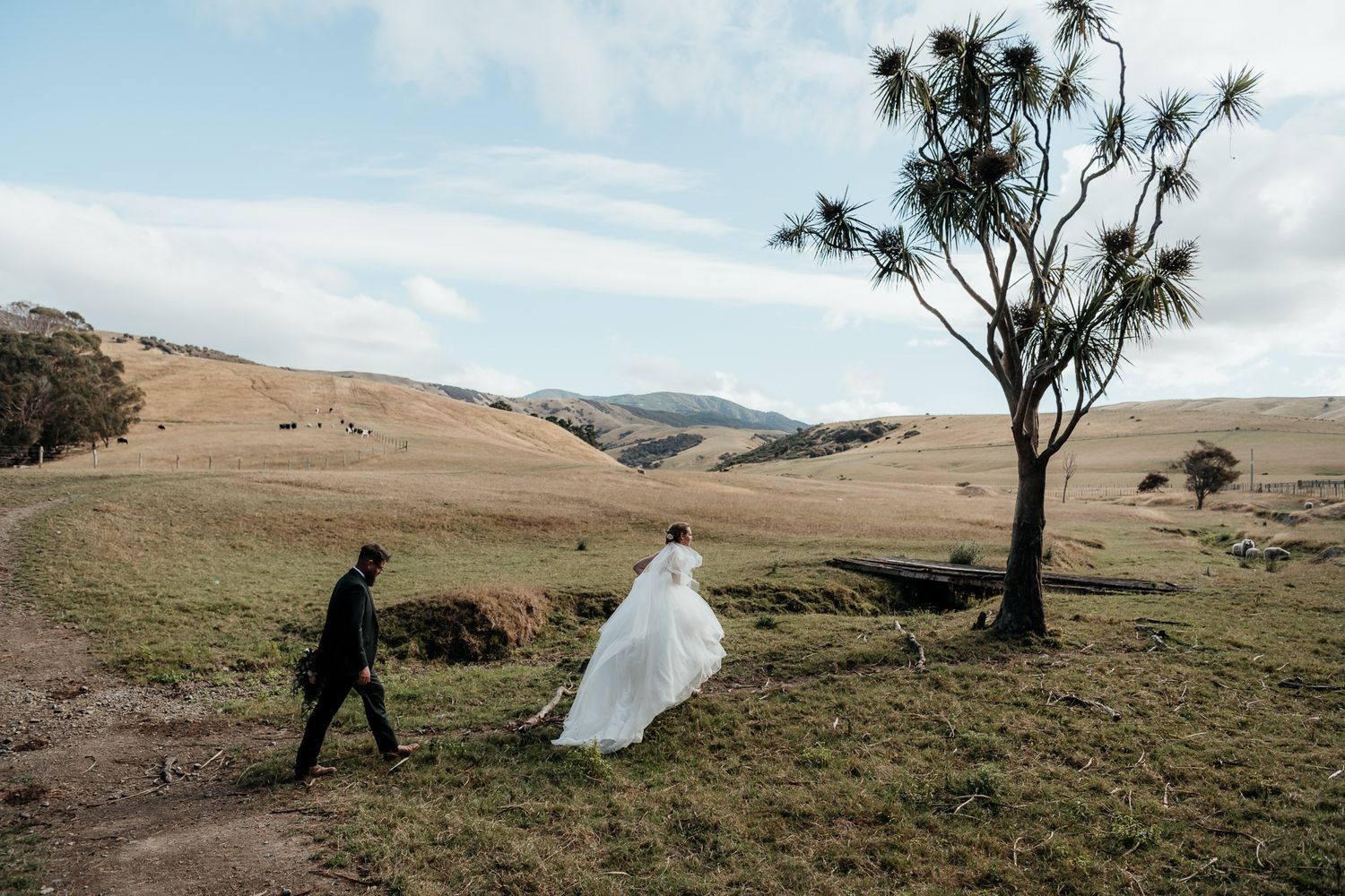 A bride strides across rolling hills followed by the groom at Tironui Farm by August and Vine
