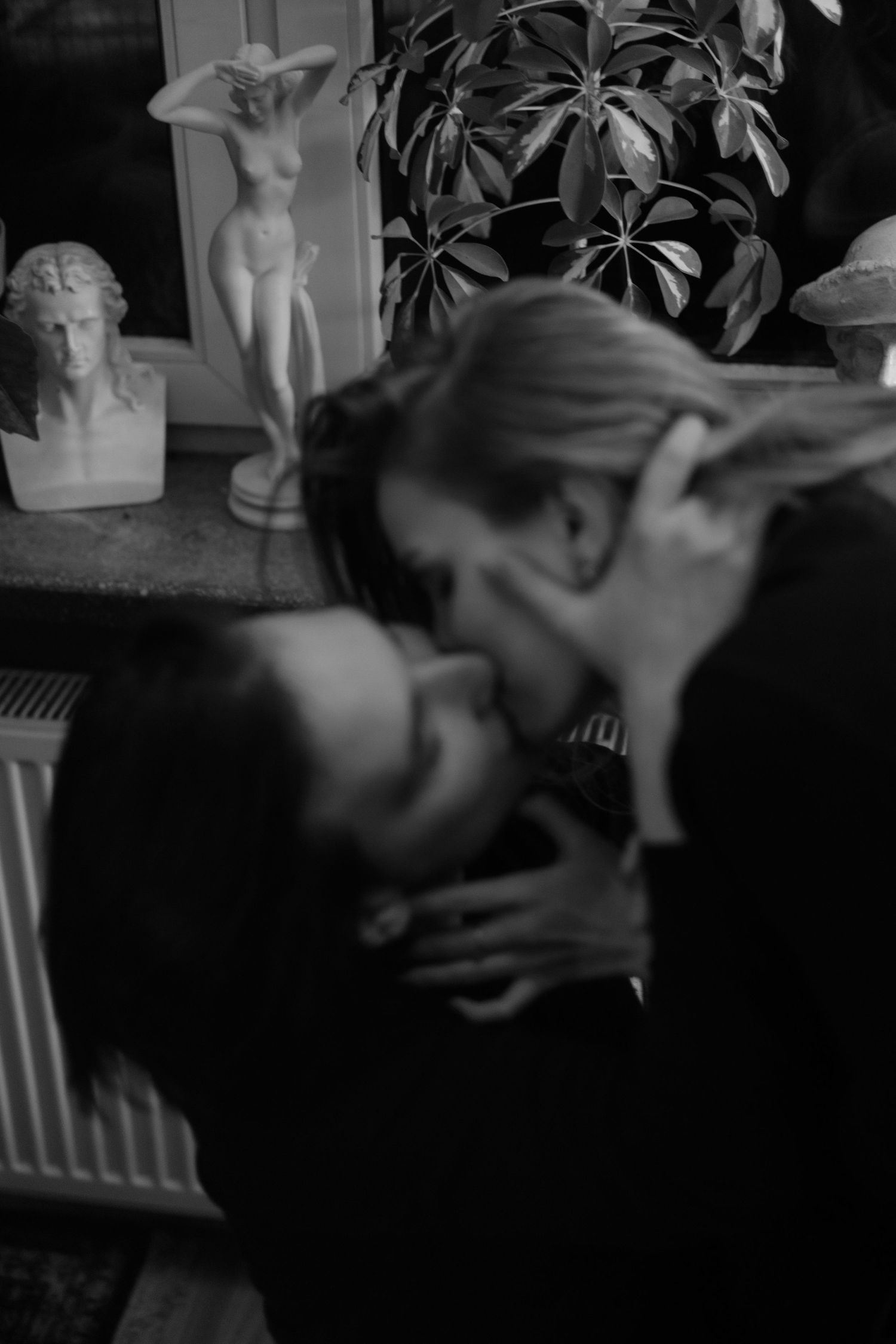 A moody black and white photograph showing intimate embrace near a windowsill decorated with statuettes and plants.