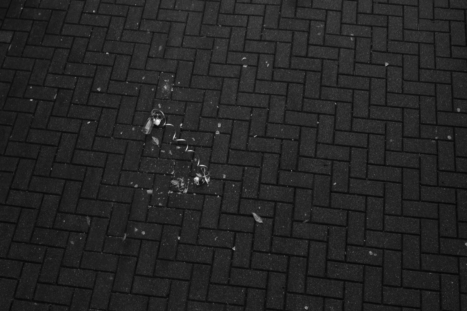 A black and white aerial view of a herringbone brick paving pattern with white fragments scattered across the surface.