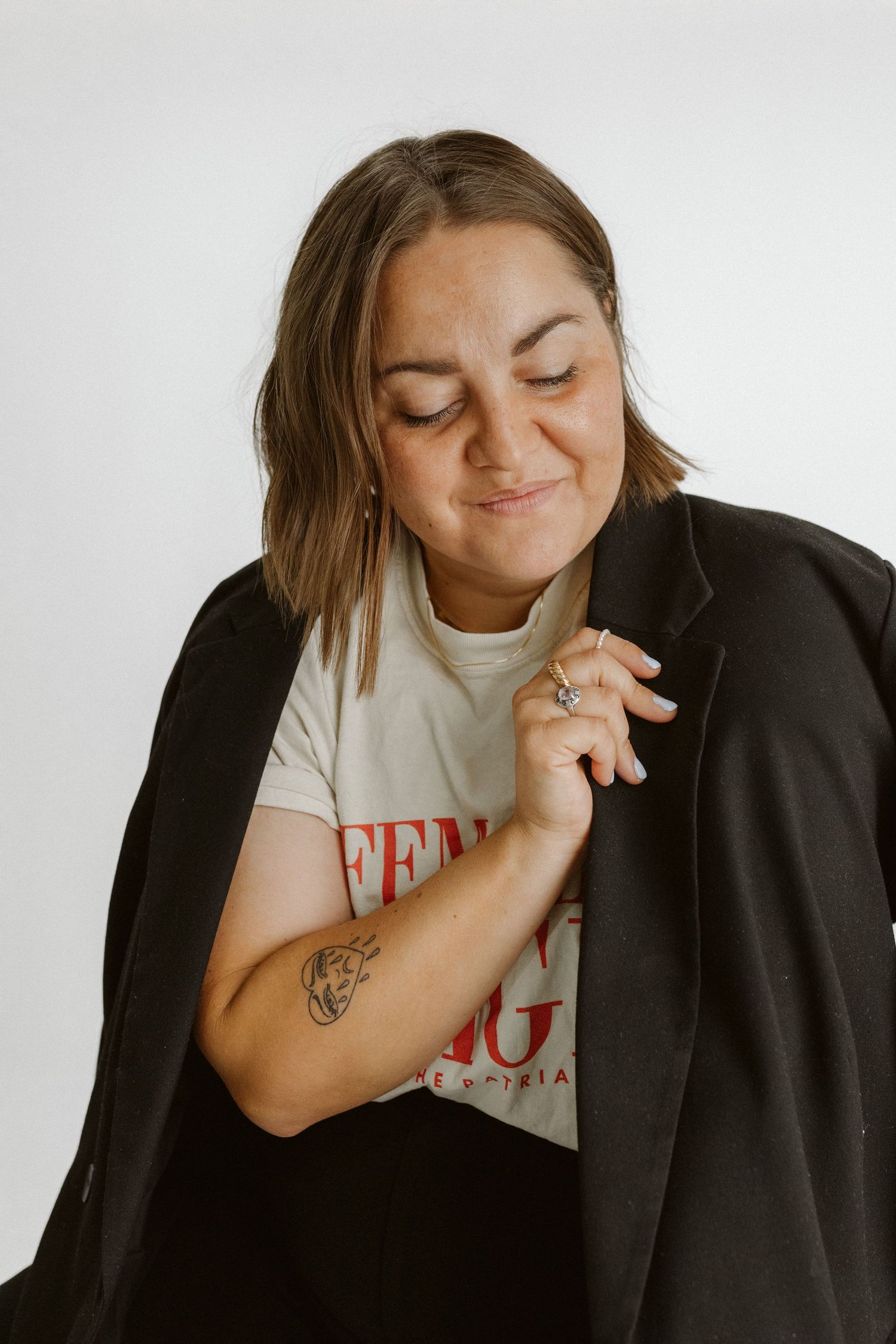 A series of candid portrait photos showing playful expressions and poses against a light background.