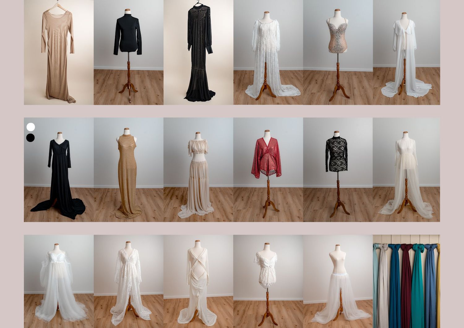 Clothing boutique display with mannequins showcasing elegant dresses and formal wear in neutral tones of beige, black and white.