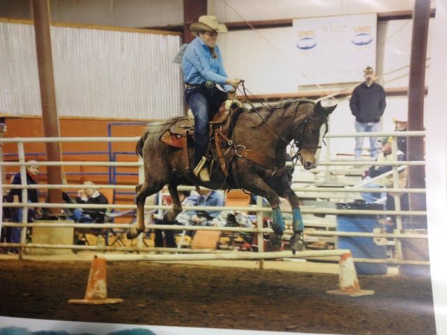 Western rider in blue on a brown horse jumps over an obstacle in an indoor arena during an equestrian event.