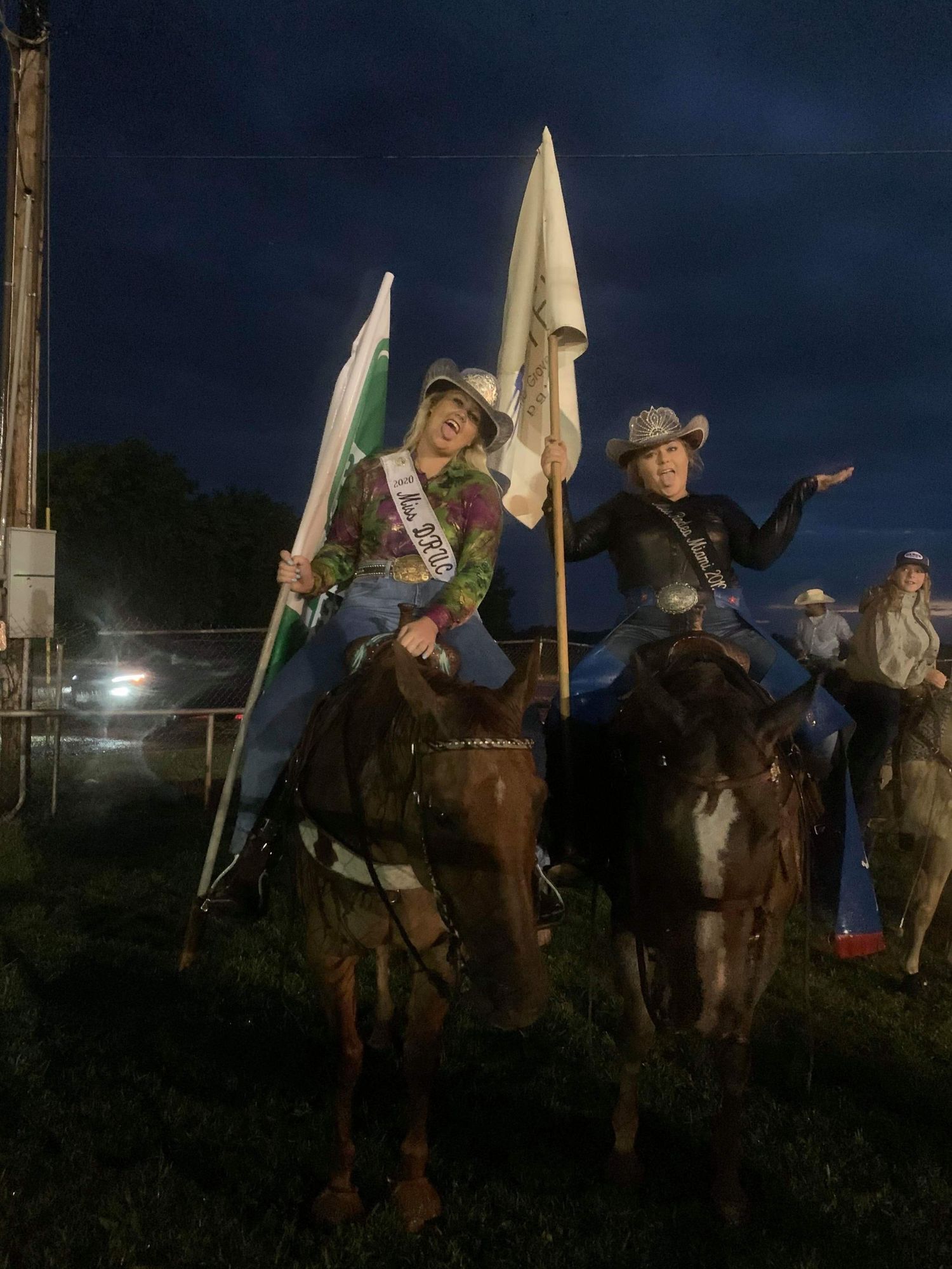 Participants on horseback carry flags during a nighttime equestrian event under dark skies.
