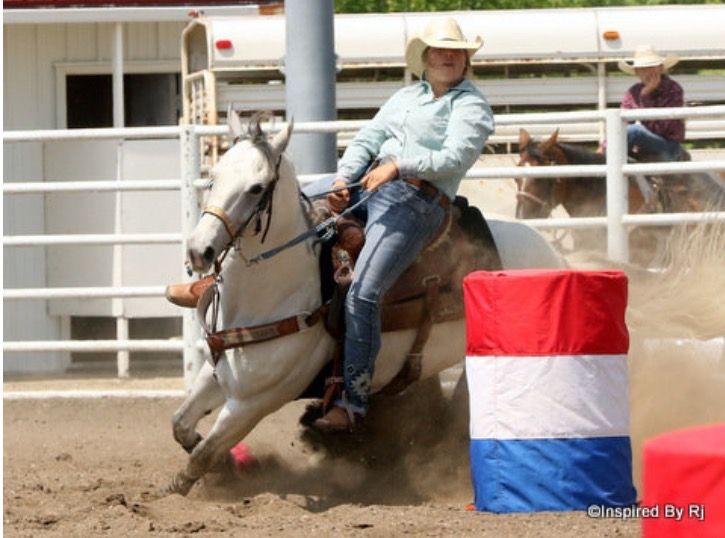 A rodeo rider on a white horse rounds a red and white barrel during a competitive barrel racing event.