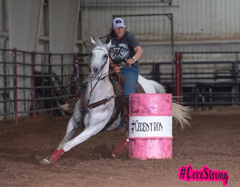 A barrel racer on a white horse rounds a pink racing barrel in an indoor arena during competition.