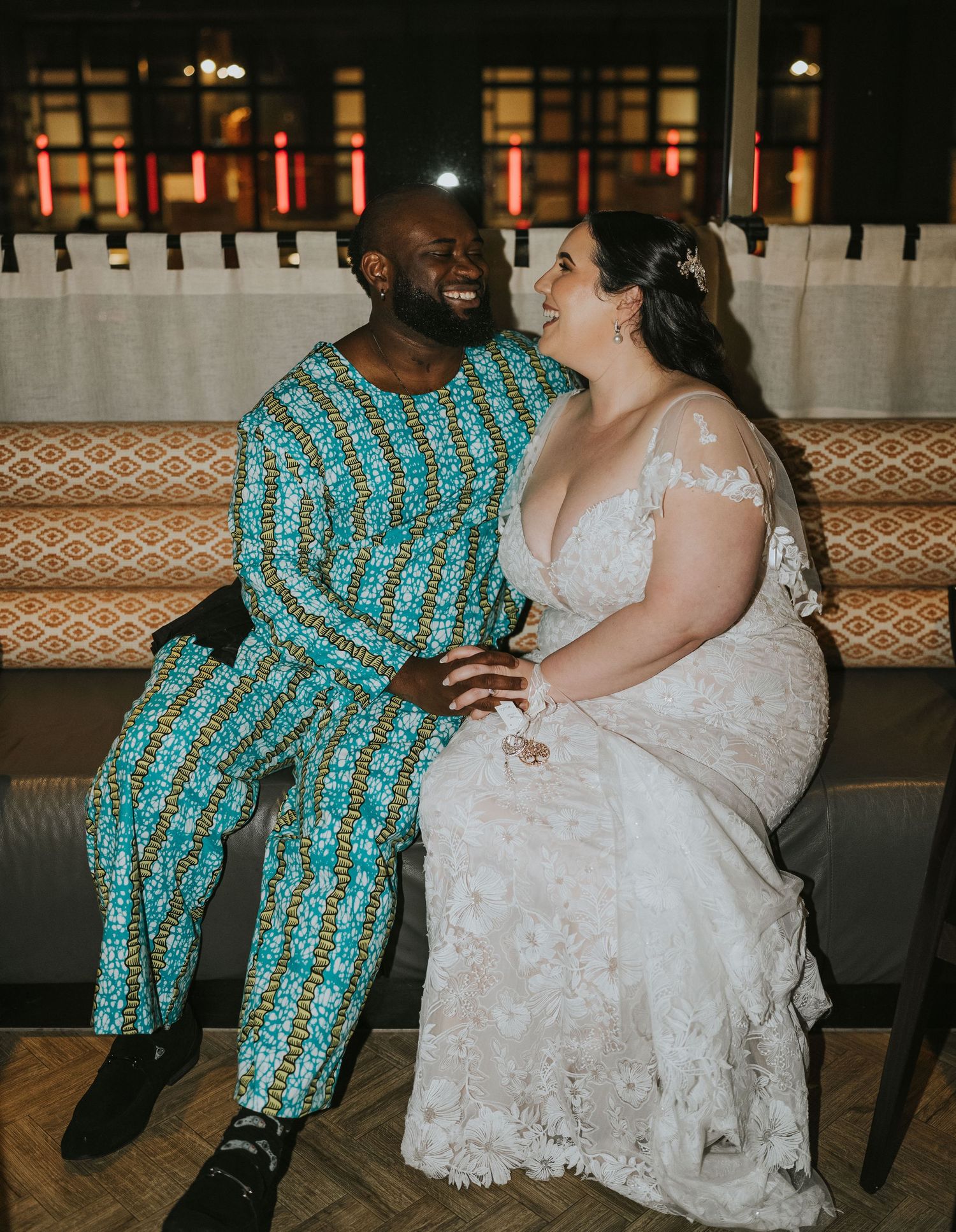 A couple in wedding attire share intimate moments while sitting together in a sequence of candid photographs.
