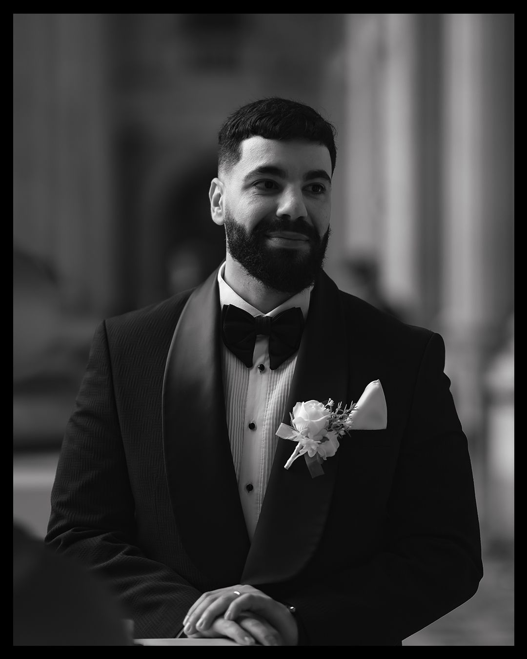 A series of black and white portraits showing a person in formal attire with a boutonniere.