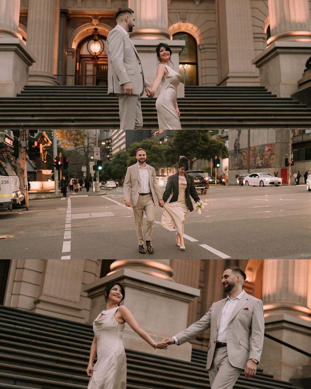 Elegant couple in formal attire holding hands on city steps and streets during a romantic urban engagement photoshoot.