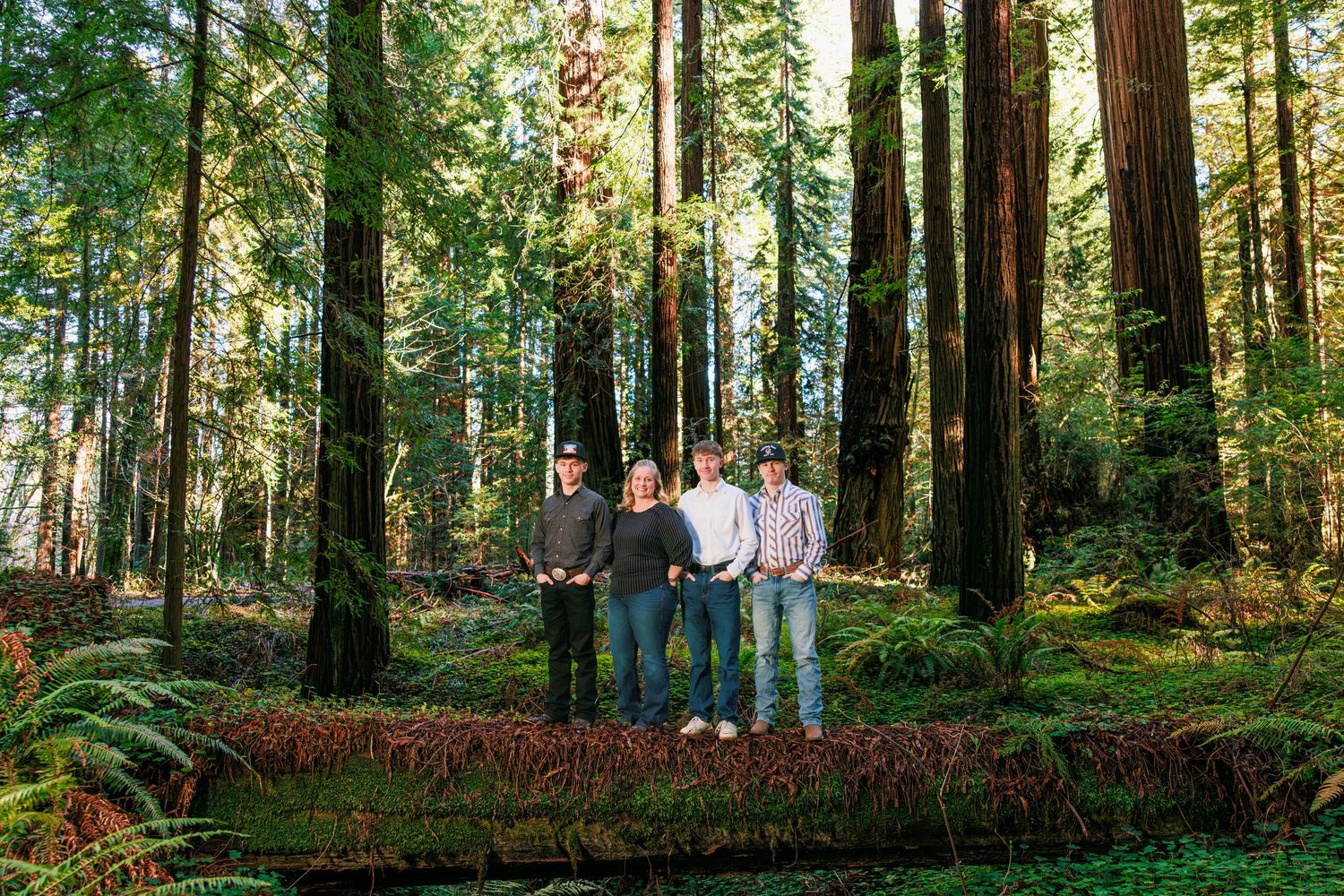 Family standing together among towering redwood trees during outdoor photo session