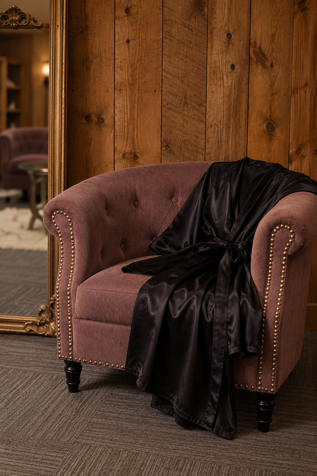 Black satin robe draped over a plush armchair in the warmly lit Sacketts Brook Boudoir lounge.