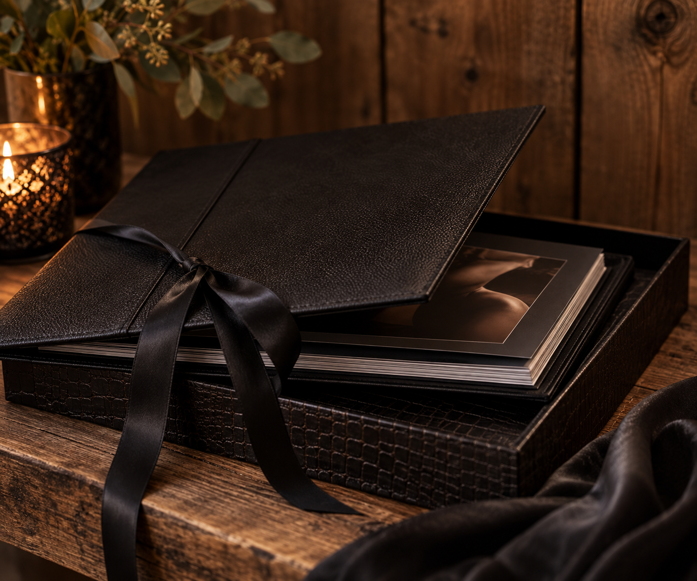 Fine- art boudoir photo albums displace on at table at Sacketts Brook Boudoir in Putney, Vermont.