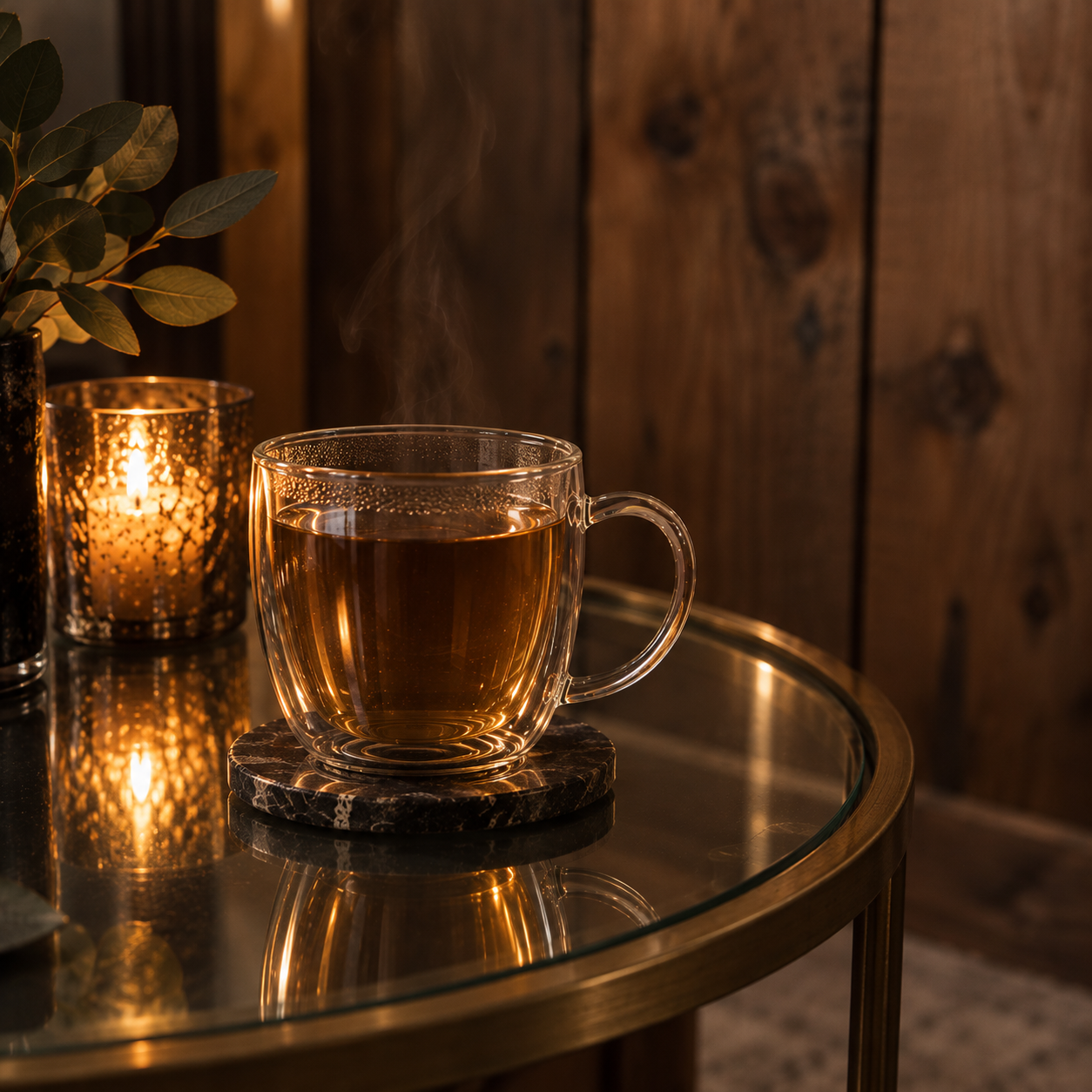 Glass mug of tea on a small table in the warmly lit Sacketts Brook Boudoir studio lounge.