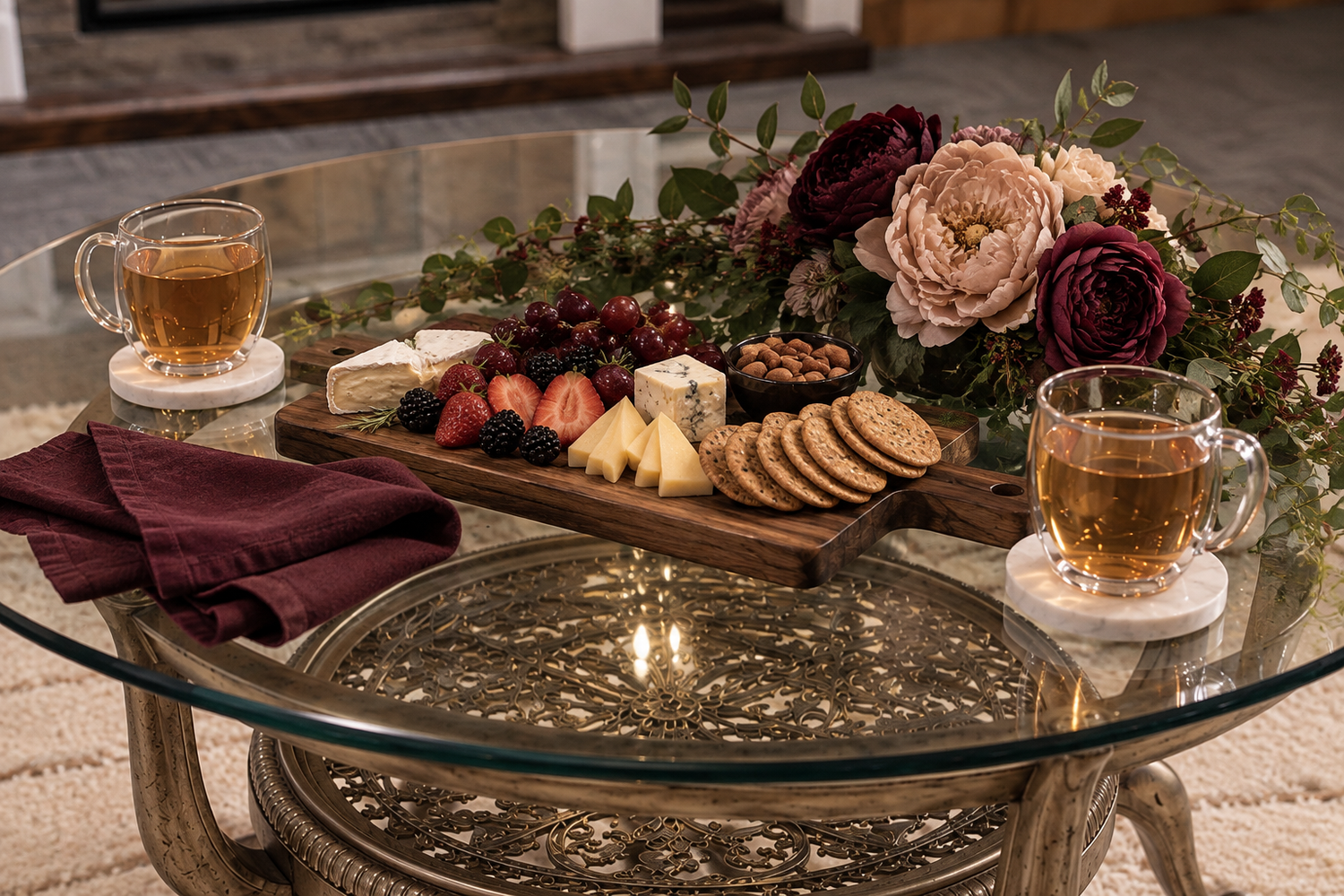 Tea, a charcuterie board and flowers arranged on a glass table in the Sacketts Brook Boudoir studio lounge.