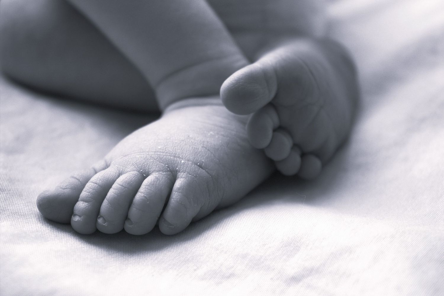 Close-up black and white photo of tiny newborn baby feet resting on a soft white blanket.