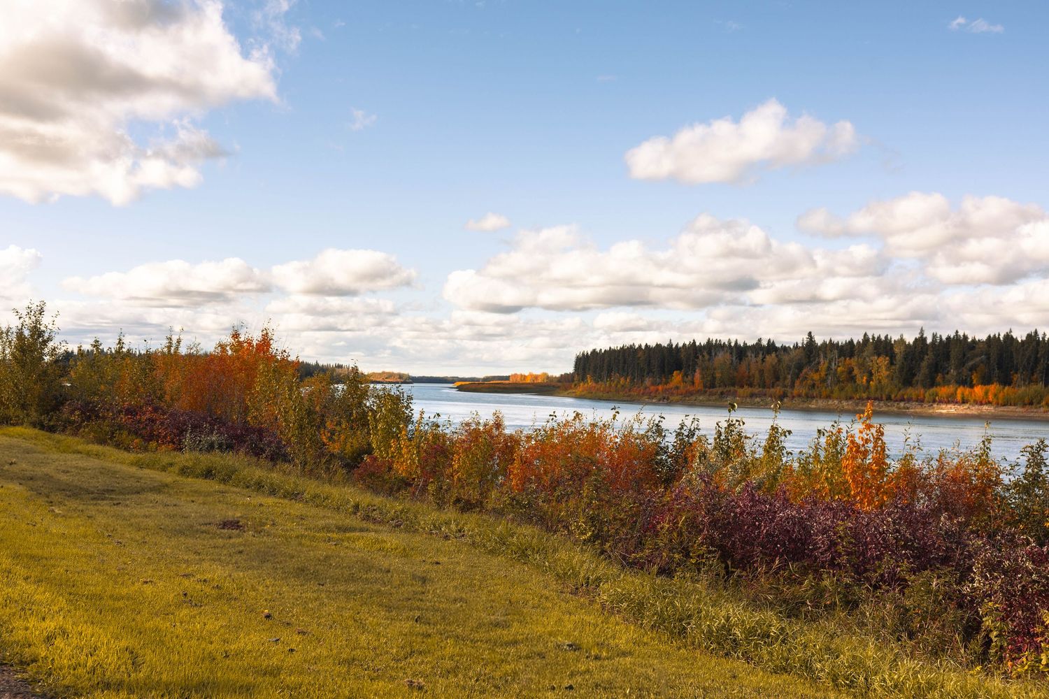 Autumn landscape with colorful foliage along a calm river under a partly cloudy sky in a serene Canadian wilderness setting.