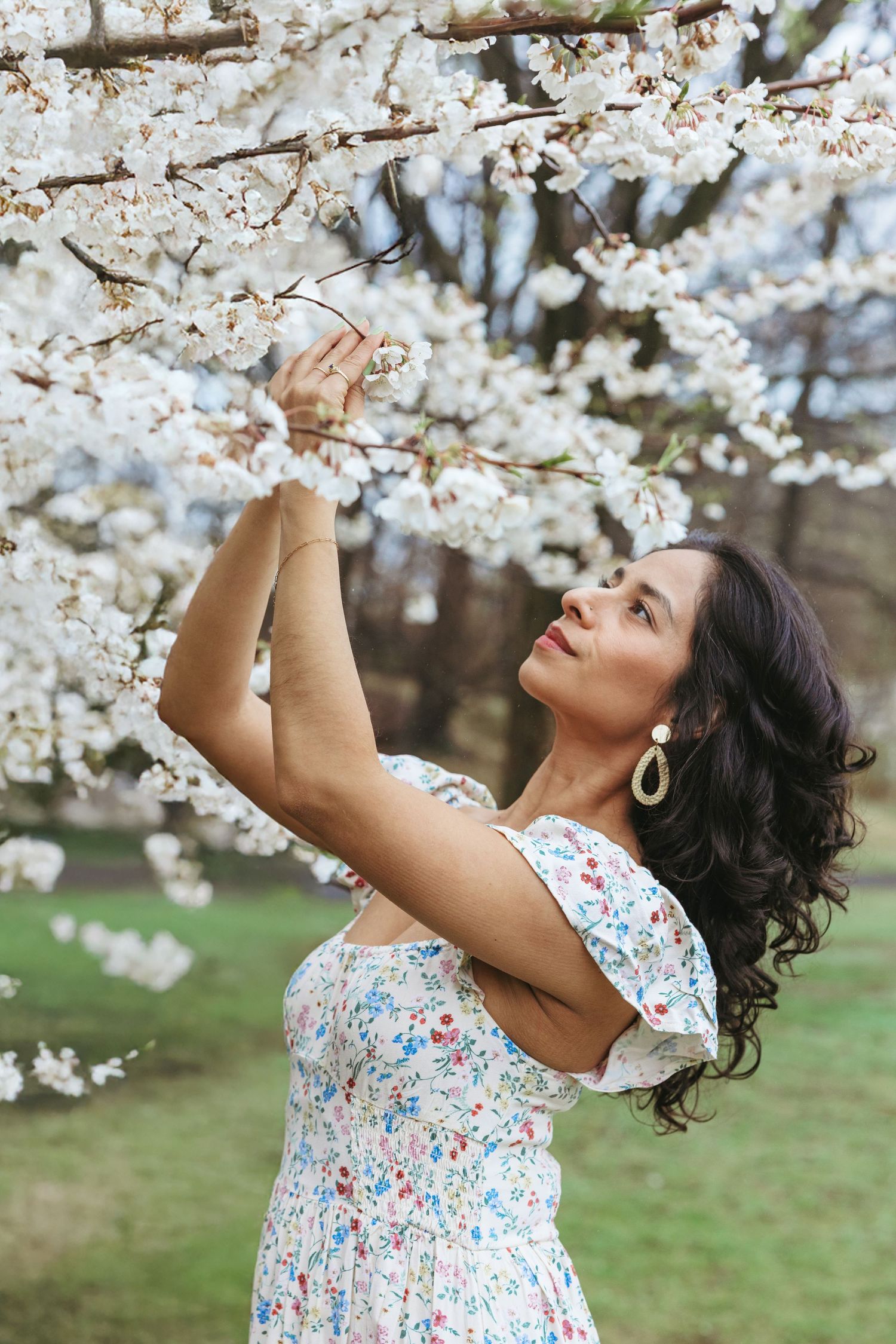 Woman in floral dress reaching up to touch white cherry blossom tree branches in spring garden.