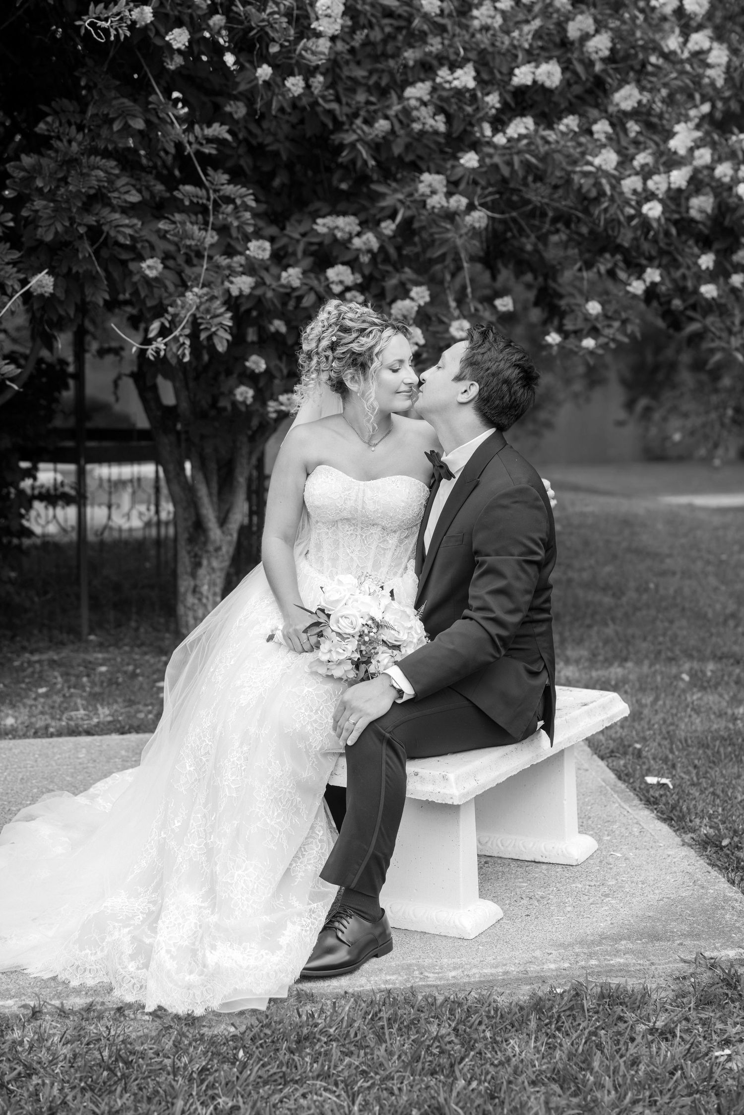 Black and white photo of a bride and groom sharing a kiss on a bench beneath a flowering tree.