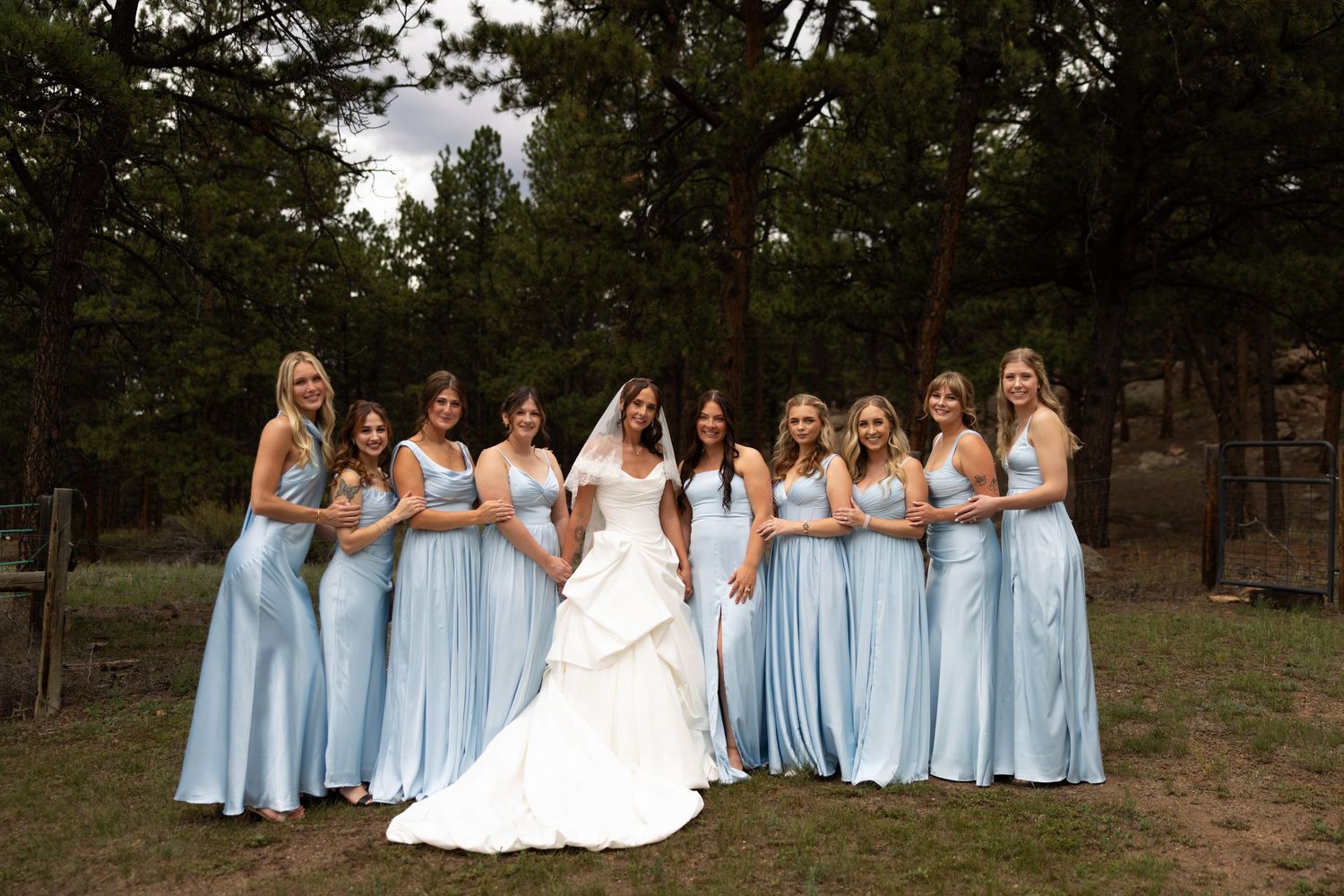 Bride in white gown poses with nine bridesmaids in light blue dresses outdoors among tall pine trees.