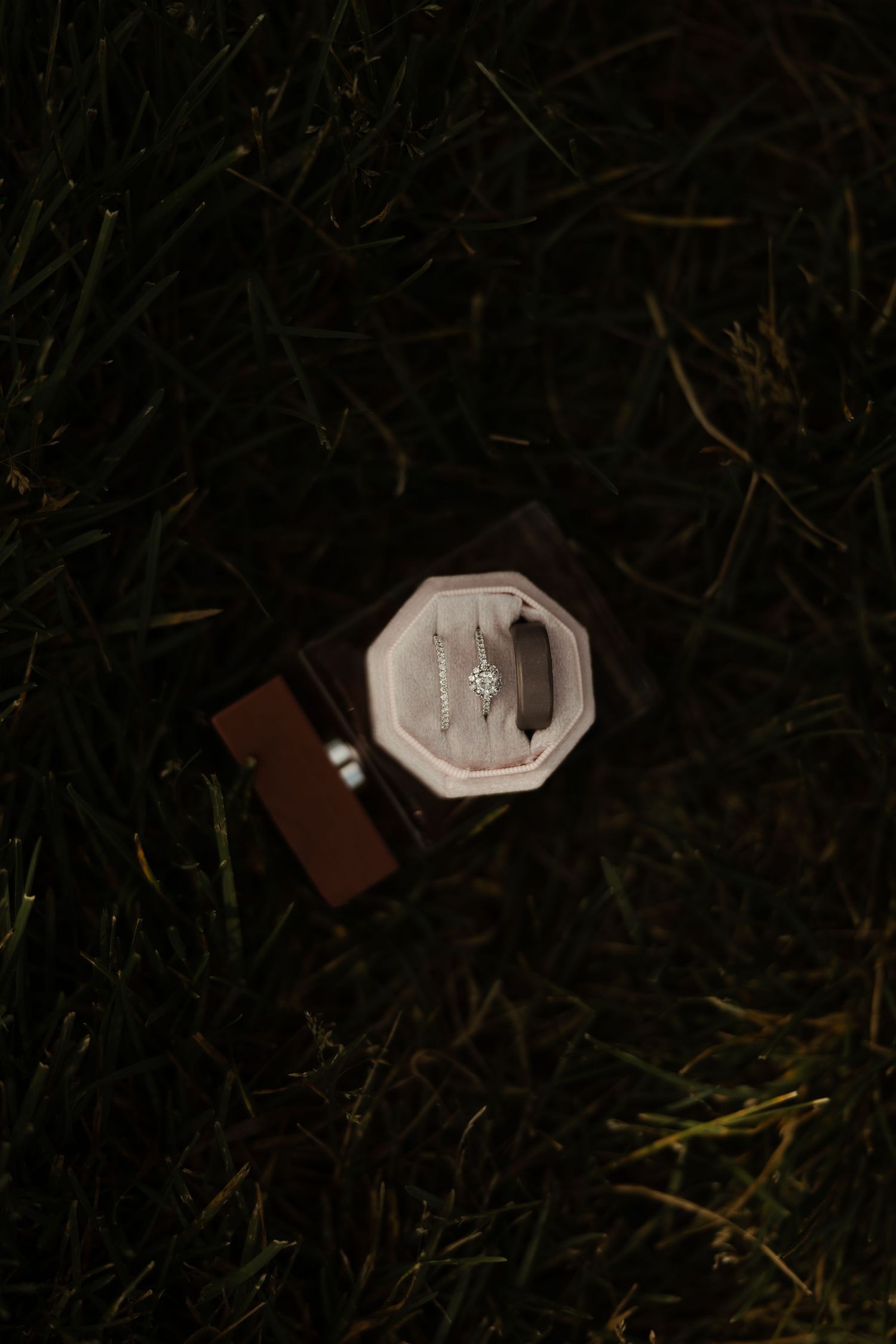 Wedding rings in white velvet octagonal ring box nestled in dark green grass at night.
